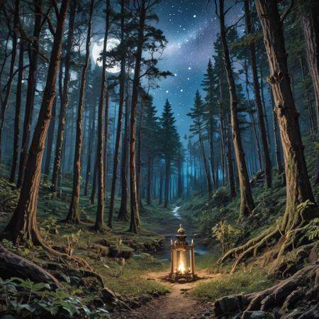 intricate detail, fantasy, fantasy forest, night, stars, (masterpiece, best quality, extremely detailed)
