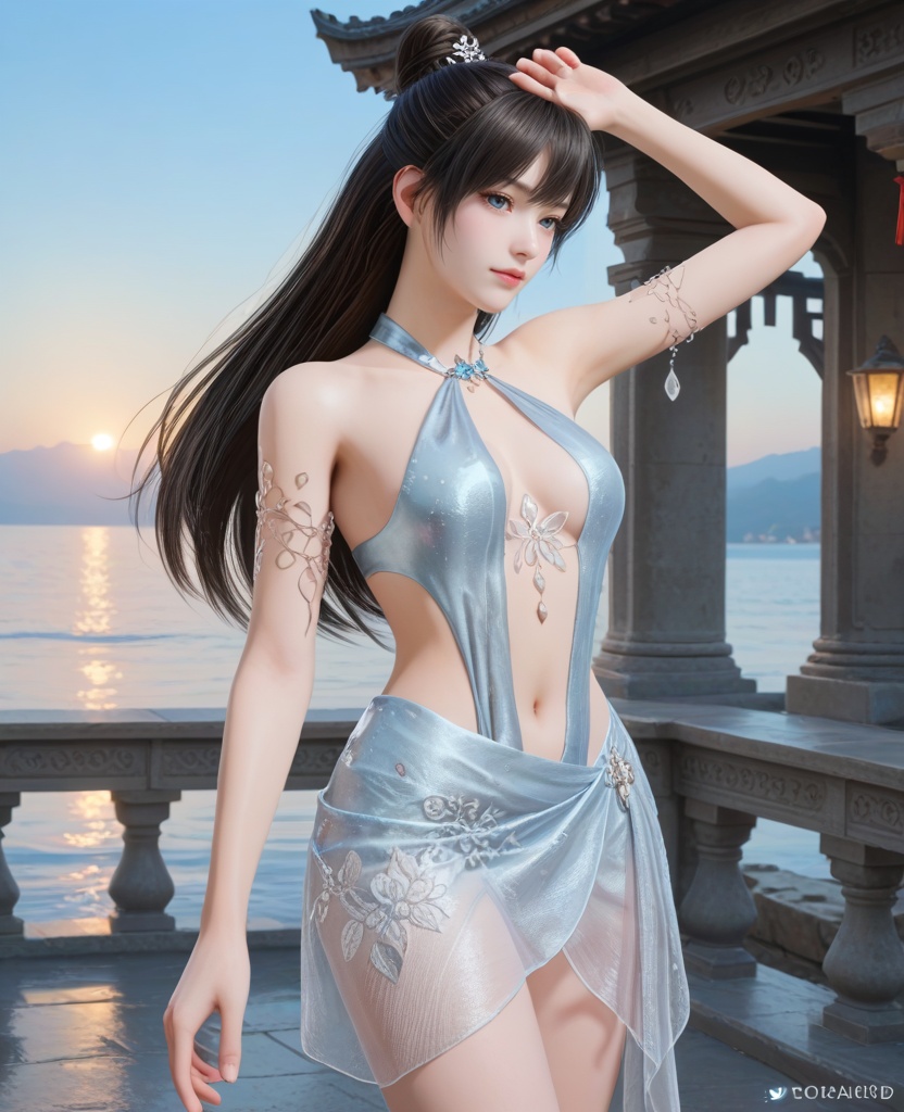 (oriental architecture, elegant decor, sophisticated style:1.1),(Standing with one arm raised, pointing in the distance:1.1),(breasts:1.2),<lora:XL16永劫无间顾清寒仲夏霜华:0.95>,miss guqinghan,glacial bikini set,sheer beach sarong with frost patterns,black hair,half-up crown updo with long cascading hair,navel,armlet,ocean,, score_9,score_8_up,score_7_up,score_6_up,score_5_up,score_4_up,3d rendering,tag1,tag2, Cinematic Lighting,backlighting,