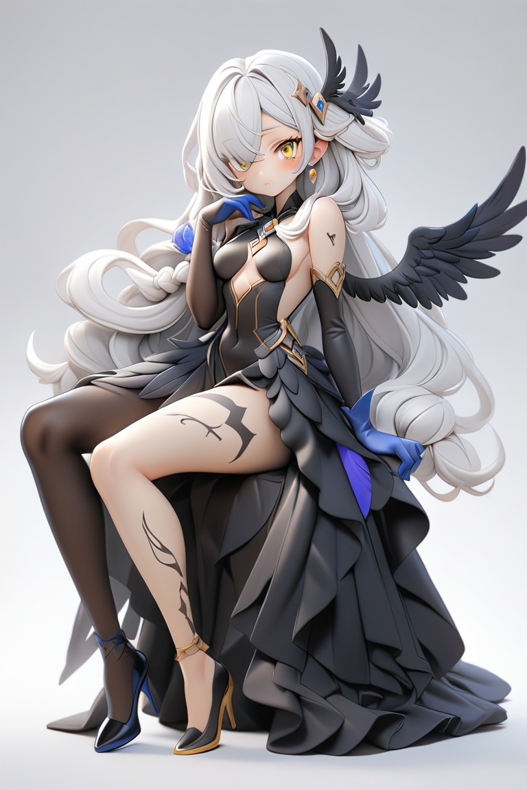 1girl, solo, breasts, looking at viewer, very long hair, bangs, simple background, hair ornament, yellow eyes, gloves, white background, dress, bare shoulders, jewelry, standing, full body, white hair, braid, multicolored hair, small breasts, wings, sleeveless, black gloves, elbow gloves, black footwear, hair over one eye, black dress, high heels, tattoo, feathered wings, single glove, black wings, blue gloves, low wings, asymmetrical clothes, asymmetrical gloves, single elbow glove, leg tattoo, single sleeve, mismatched gloves, uneven gloves,(sitting),, (masterpiece,best quality:1.2)