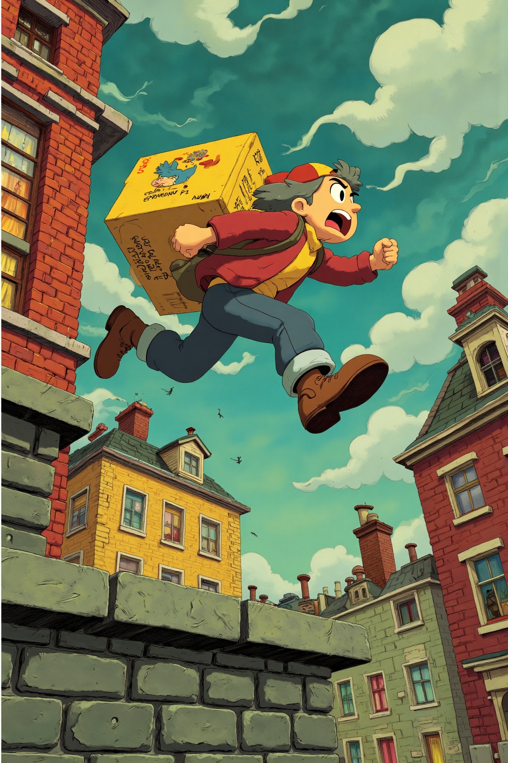 beijihui,Captured in a cartoon,a boy with gray hair and a red hat is flying through the air,carrying a yellow box on his back. He is wearing a red jacket,blue pants,and brown boots. His eyes are squinted and his mouth is open,as if he is screaming. The box has a cartoon character on it,and the box has writing on it. To the right of the boy,there is a red brick building with a large window,and to the left of the brick building is a gray brick wall. In the background,there are gray clouds in the sky.,