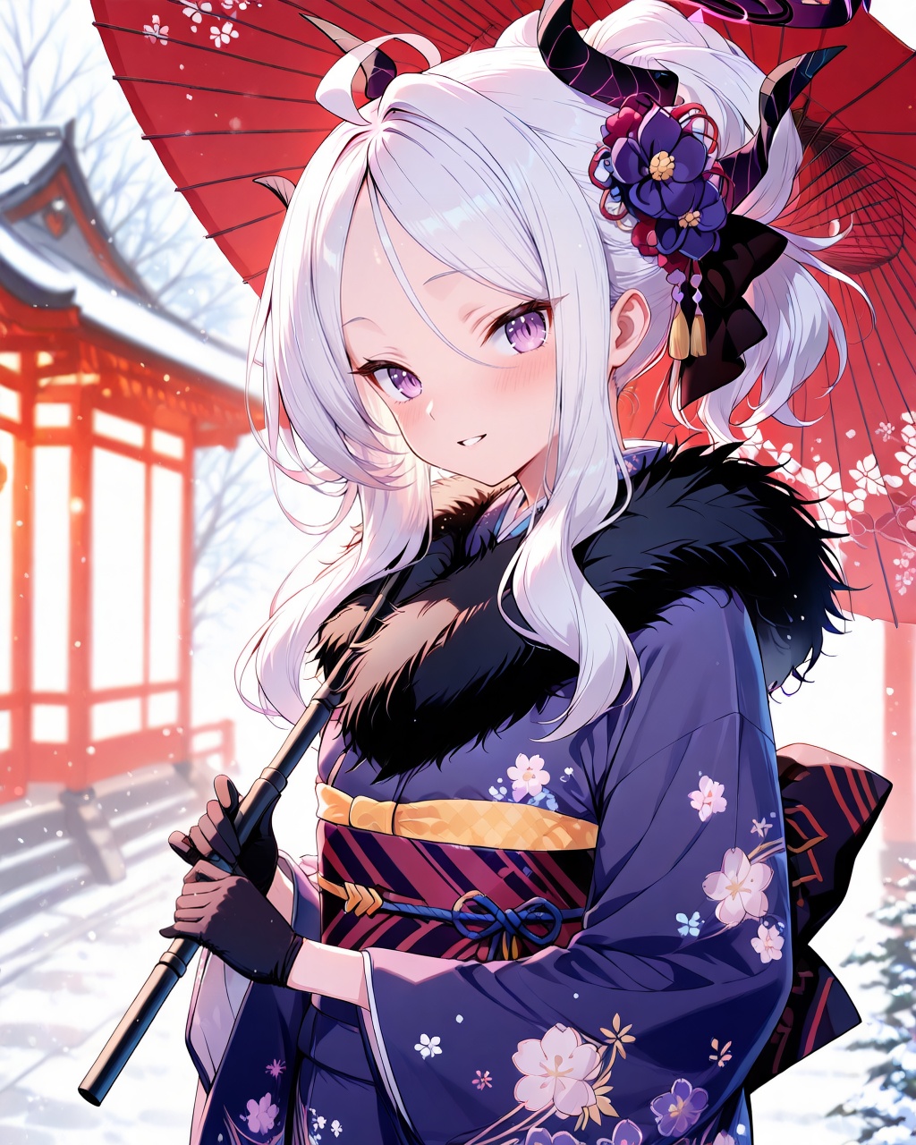 Hina (Blue Archive),O,Hina \(Blue Archive\), 1girl, solo, japanese clothes, oil-paper umbrella, gloves, white hair, kimono, horns, umbrella, flower, purple eyes, obi, hair ornament, looking at viewer, sash, black gloves, hina, (blue archive), halo, holding, ahoge, upper body, smile, holding umbrella, hair flower, bangs, long hair, fur collar, floral print, parted lips, long sleeves, parted bangs, blurry, blush, print kimono, sidelocks, purple kimono, hair between eyes, wide sleeves, ponytail, depth of field, blurry background, official alternate costume, fur trim, demon horns, hair bun, red umbrella, blue kimono, bow, purple flower,(UHD),anatomically correct,accurate,textured skin,super detail,high details,award winning,best quality,high quality,retina,HD,16k,1080P,