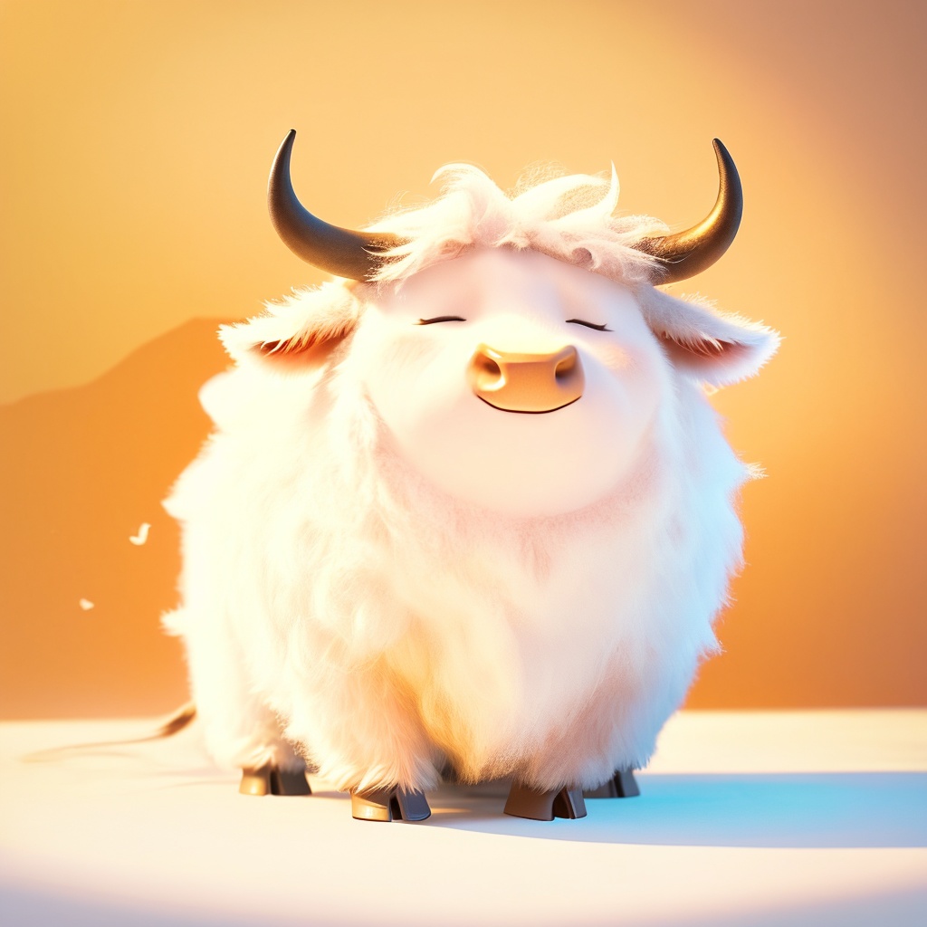chouniu,cow,soft lighting,^ ^,cc-color-correction,whimsy and dramatic lighting,white fur,warm colors,mf-movie-filter,cute,no humans,solo,closed eyes,fluffy,full body,cow focus,horns,cow tail,standing,orange background,facing viewer,closed mouth,tail,cow horns,simple background,<lora:chouniu_rev:0.8>,