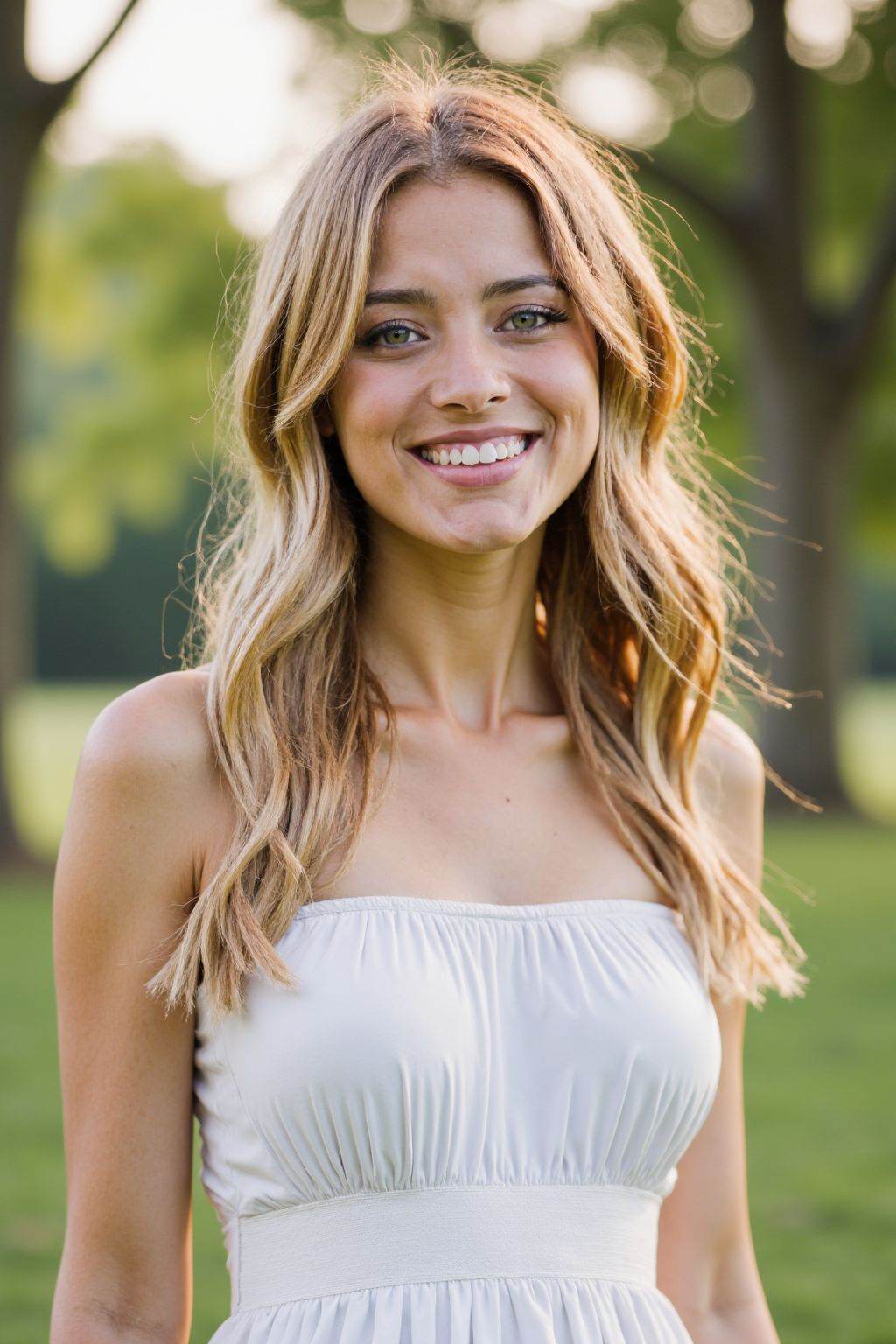 young woman,blonde hair,upper body,white dress,outdoors,