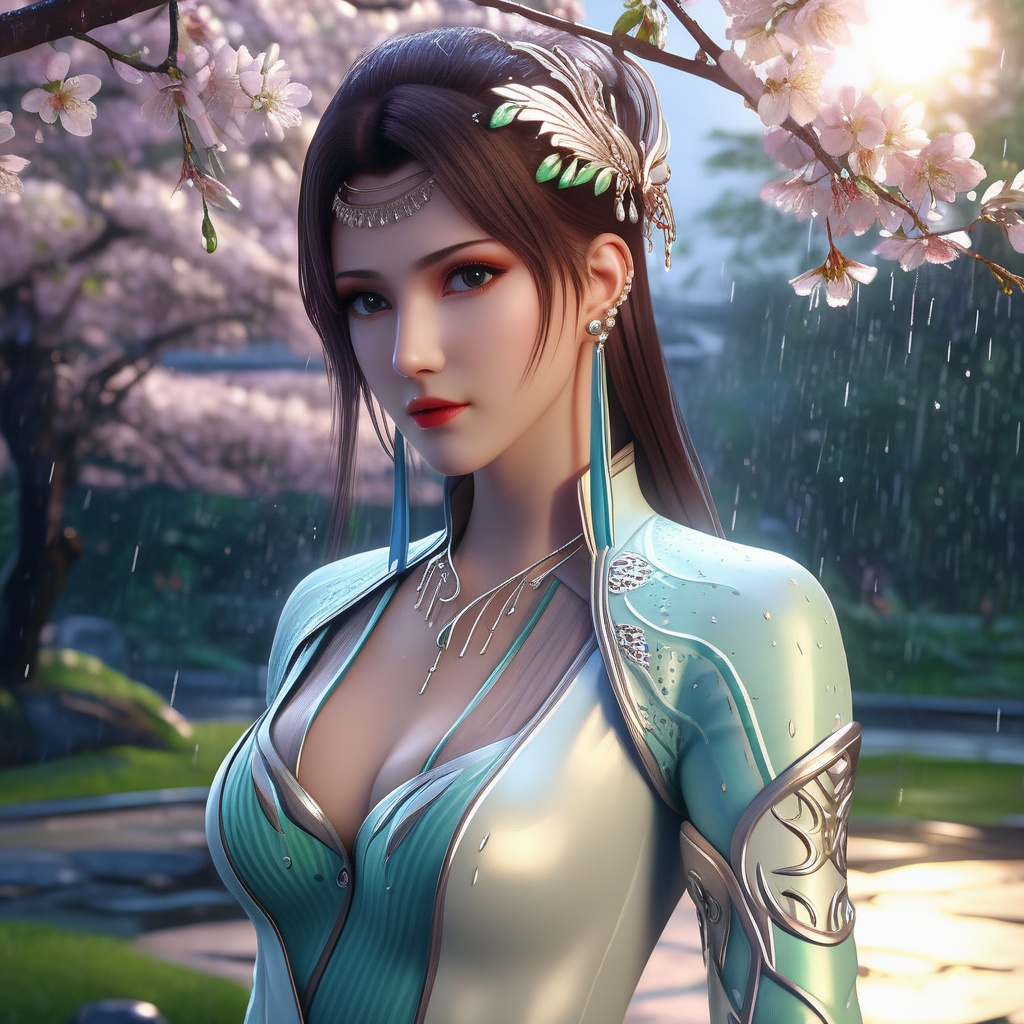 <lora:786-DA-XL-斗破苍穹-云韵-绿服:0.8>, (,1girl, ,best quality, ),looking at viewer,  ,,ultra detailed 8k cg, ultra detailed background ,ultra realistic 8k cg,          cinematic lighting, cinematic bloom, (( , )),,  , unreal, science fiction,  luxury, jewelry, diamond, pearl, gem, sapphire, ruby, emerald, intricate detail, delicate pattern, charming, alluring, seductive, erotic, enchanting, hair ornament, necklace, earrings, bracelet, armlet,halo,masterpiece, (( , )),, realistic,science fiction,mole,   ,cherry blossoms,,(((Best quality, masterpiece, ultra high res, (photorealistic:1.4), raw photo, 1girl, ,rain, , sunlight, sunset,     )))  (cleavage),stylish_pose,  (), butterfly,