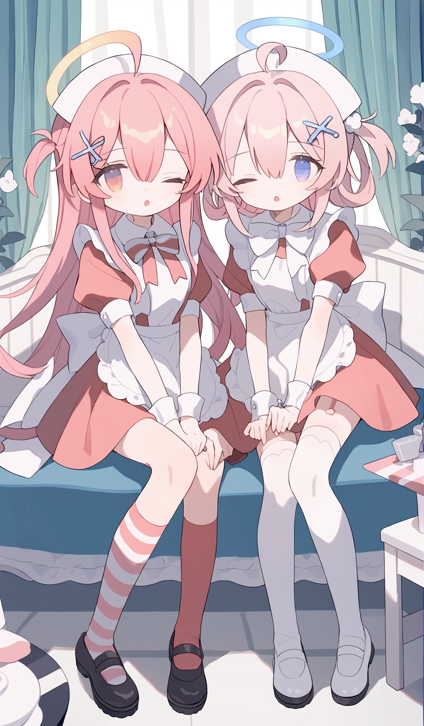 multiple girls,2girls,pink hair,short sleeves,hair ornament,apron,sitting,one eye closed,puffy short sleeves,holding,dress,puffy sleeves,bangs,thighhighs,long hair,ahoge,looking at viewer,red dress,white apron,wrist cuffs,socks,open mouth,pink dress,hair between eyes,frills,halo,hairclip,x hair ornament,frilled apron,curtains,indoors,sidelocks,parted lips,ribbon,nurse cap,bow,kneehighs,striped,wariza,white bow,shoes,<lora:6.1:0.8>,, score_9,score_8_up,score_7_up,Expressiveh,rating_safe,(masterpiece, best quality)