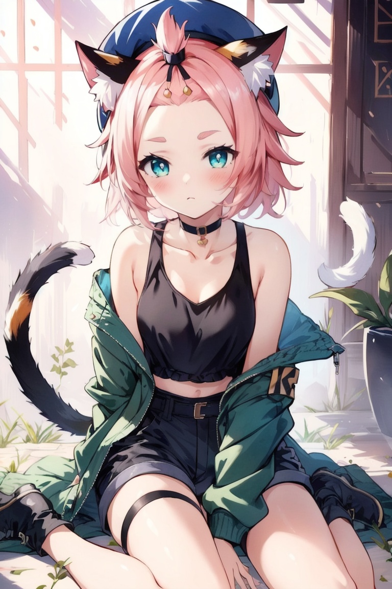 ((HRD, HUD, 8K)),((masterpiece, best quality)), highly detailed,Diona, 1girl, animal ears, diona (genshin impact), tail, solo, green jacket, jacket, cat tail, forehead, bangs pinned back, shorts, pink hair, hat, cat ears, animal ear fluff, looking at viewer, shirt, green eyes, blush, sitting, long sleeves, collarbone, open jacket, choker, thigh strap, black shorts, thick eyebrows, closed mouth, open clothes, beret, between legs, hand between legs, cat girl, black choker, off shoulder, short hair, short shorts, short eyebrows, black shirt, character name, wariza, ribbon, blue shorts, <lora:20240701-1719821584874:0.75>