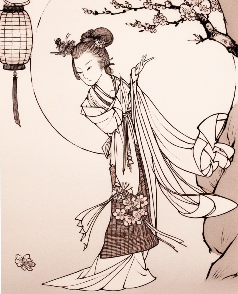 1girl, solo, horns, hand fan, japanese clothes, brown hair, long hair, looking at viewer, pointy ears, flower, hair ornament, holding, hair flower, kimono, twintails, gloves, parted lips, pink flower, bare shoulders, hair bun, cherry blossoms, off shoulder, , B&W,line art,, monochrome, greyscale, fine art parody