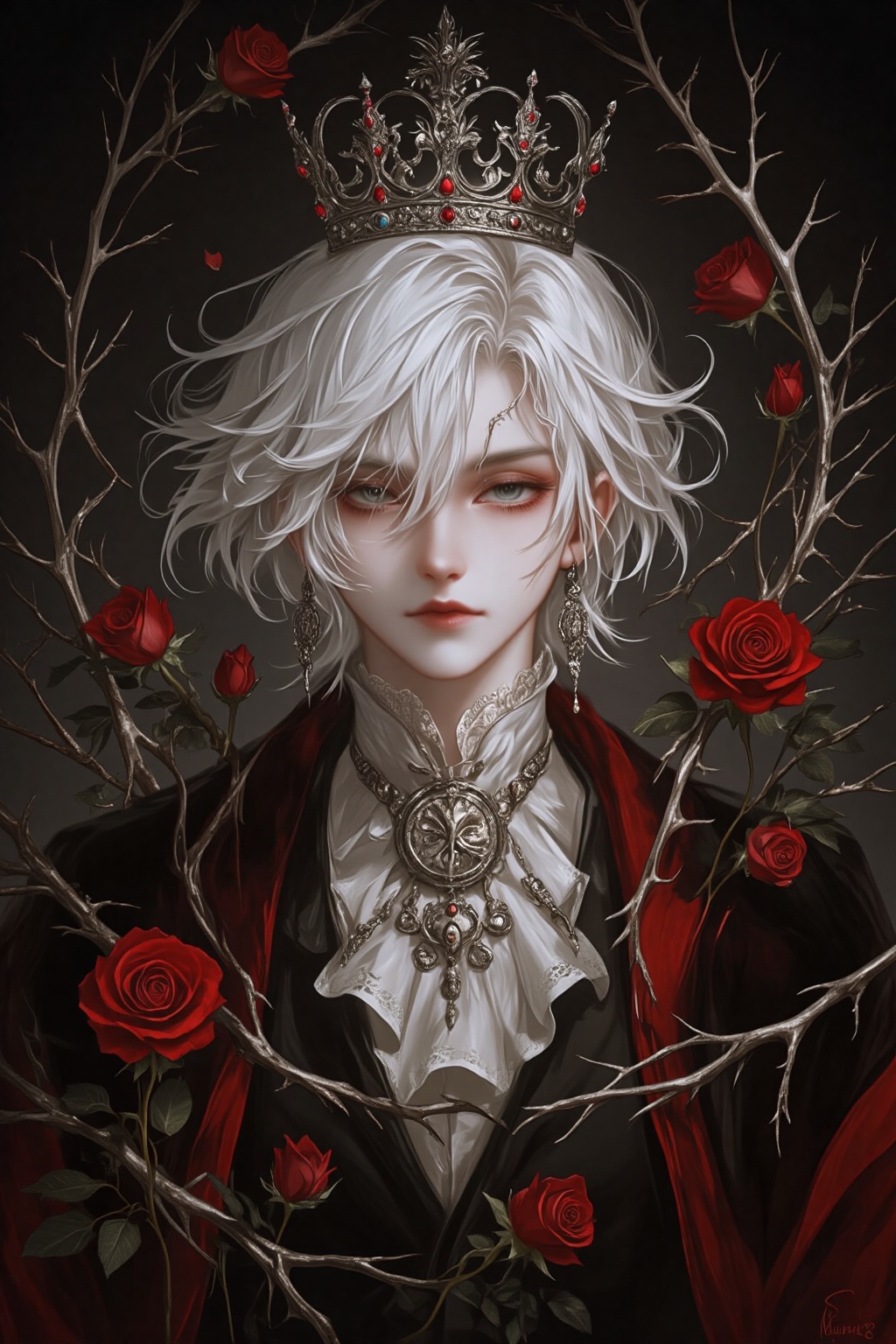 ZOZ_WEIMEIW,A digital painting of a pale-skinned,androgynous figure with short,wavy platinum blonde hair,adorned with a crown and intricate jewelry. They wear a black and red velvet cloak with a white lace collar. Thorns and red roses frame the subject,creating a gothic,ethereal atmosphere. The style is detailed and dark fantasy.,