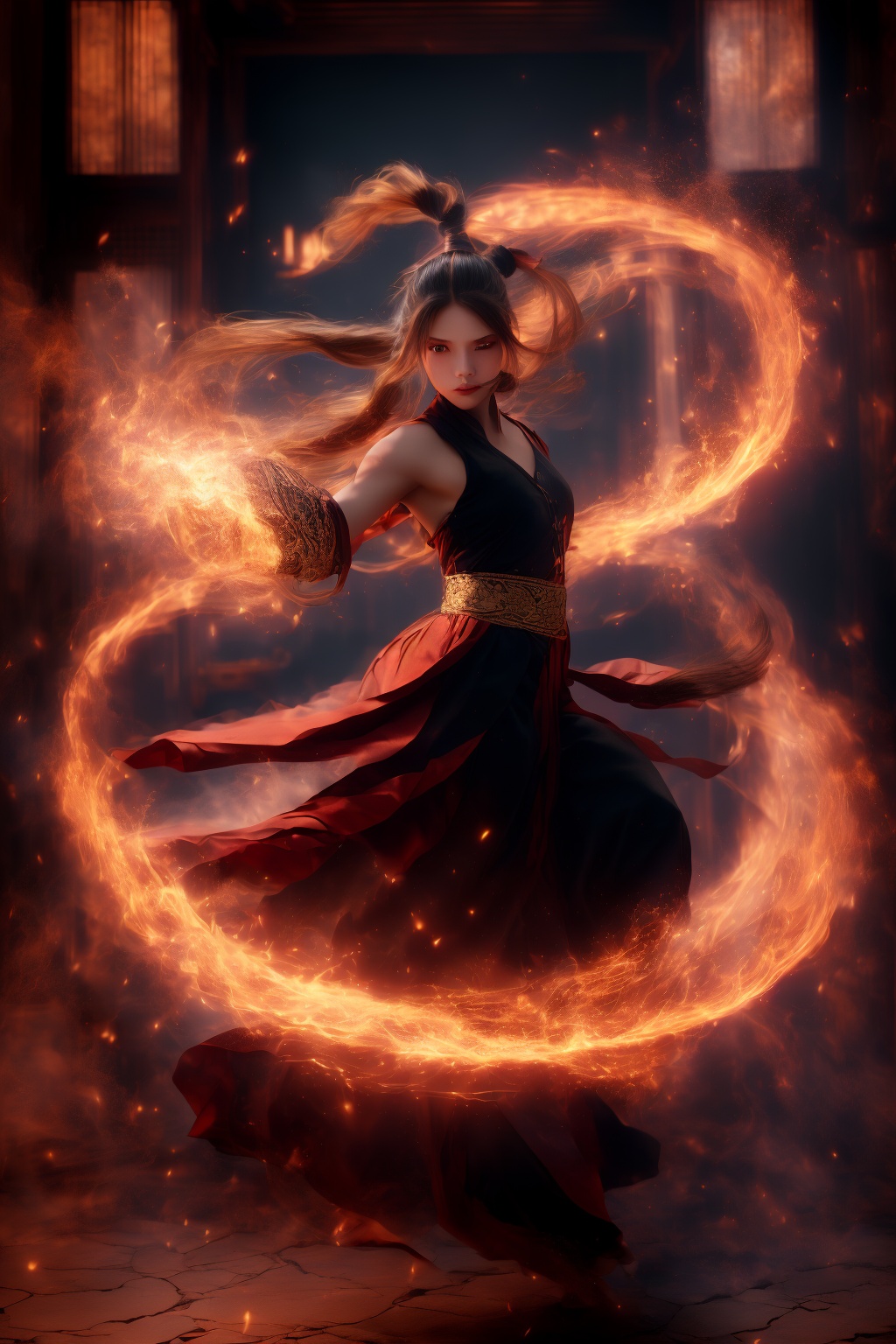 orang-aura,using orang-magic,orang-magic,ancient-costume,dancing,solo,1girl,fire,long hair,ponytail,<lora:magic_fighting_512_15:0.8>,