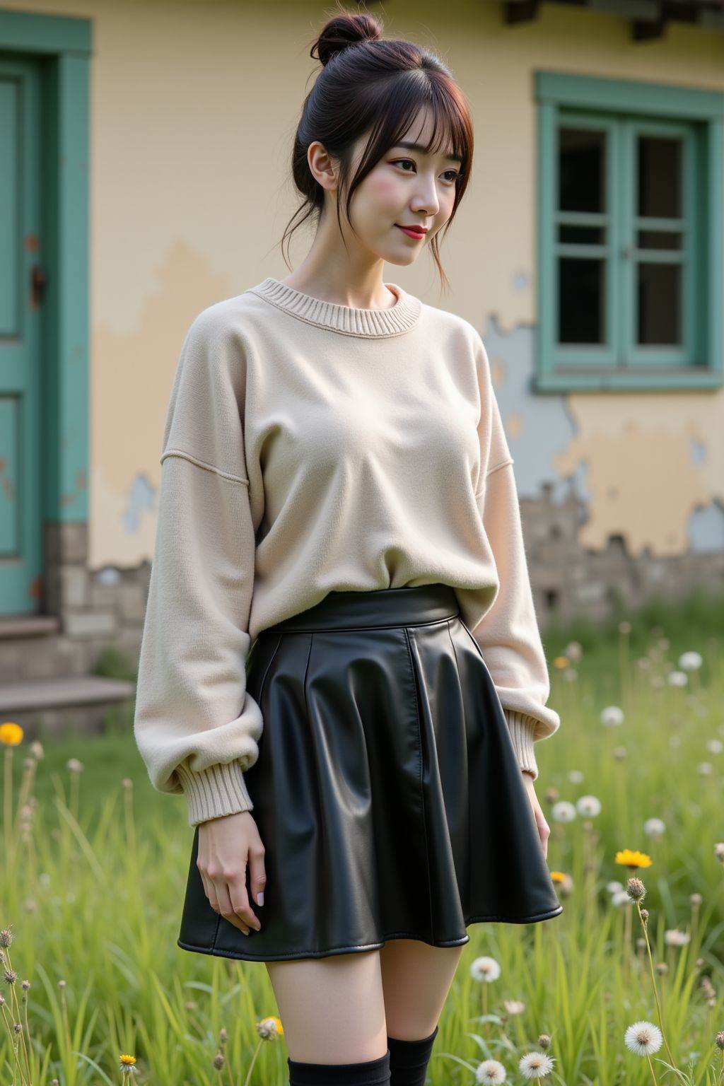The image is a high-resolution photograph featuring a young Asian woman standing outdoors in front of a weathered, light beige building with green shutters and a dark roof. The woman, likely in her mid-20s, has a fair complexion and straight, dark brown hair tied up in a casual bun. She is dressed in a cozy, light beige, long-sleeved sweater and a high-waisted, black leather skirt that falls to her knees. Her outfit is complemented by black knee-high socks, adding a touch of contrast. She stands in a field of tall, green grass and wildflowers, with a few dandelions and small yellow flowers scattered around her feet. The background shows the building's peeling paint and chipped plaster, indicating a state of neglect. The overall mood of the photograph is serene and slightly melancholic, enhanced by the soft, natural lighting and the rustic setting. The woman's expression is neutral, with a slight smile, and her body language is relaxed, leaning slightly to her left. The image captures a moment of quiet contemplation in a seemingly abandoned yet charming location.