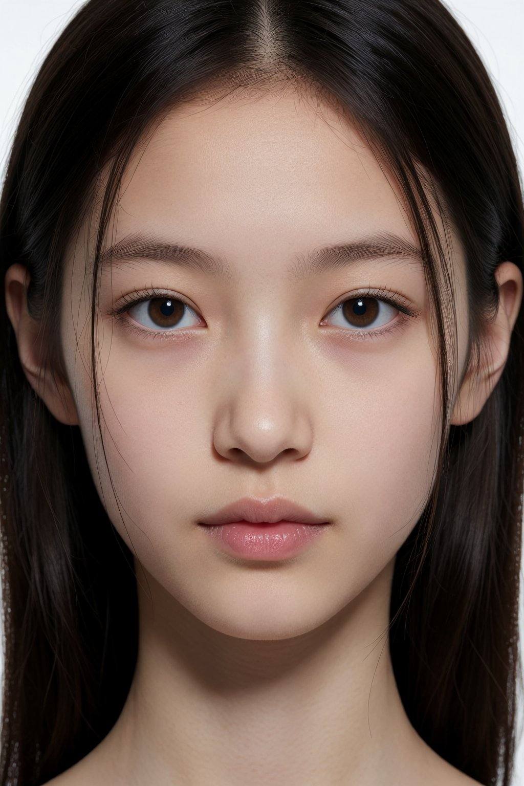 The image is a highly detailed,  realistic portrait of a young East Asian woman,  focusing on her face from the shoulders...
