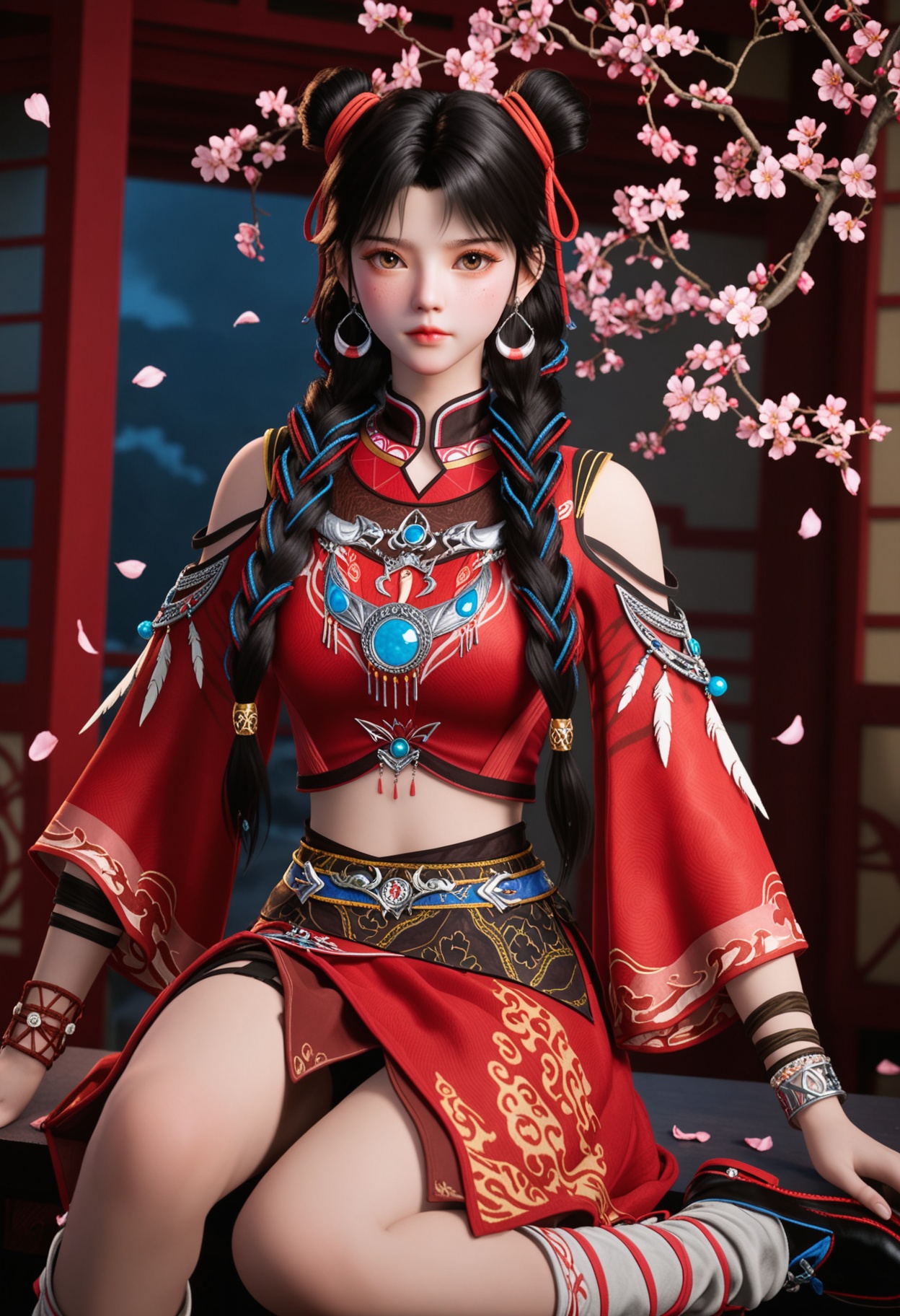 (upper_body:1.2),(looking at viewer:1.1),masterpiece,(best quality),smog,Dark room,dim lighting,peach blossom,falling petals,<lora:YQ_Illustrious光辉v5_白落衡_V1:0.8>,q1528437228,solo,1girl,jewelry,black hair,long hair,earrings,hair bun,braid,ribbon,hair ribbon,twin braids,double bun,brown eyes,chinese clothes,multiple braids,bracelet,crop top,skirt,multicolored hair,feathers,dress,red ribbon,red skirt,single hair bun,red dress,hair over shoulder,leg warmers,socks,shirt,brown hair,red shirt,necklace,freckles,shoes,long sleeves,detached sleeves,hair ornament,china dress,black eyes,multi-tied hair,wide sleeves,ribbon braid,black footwear,