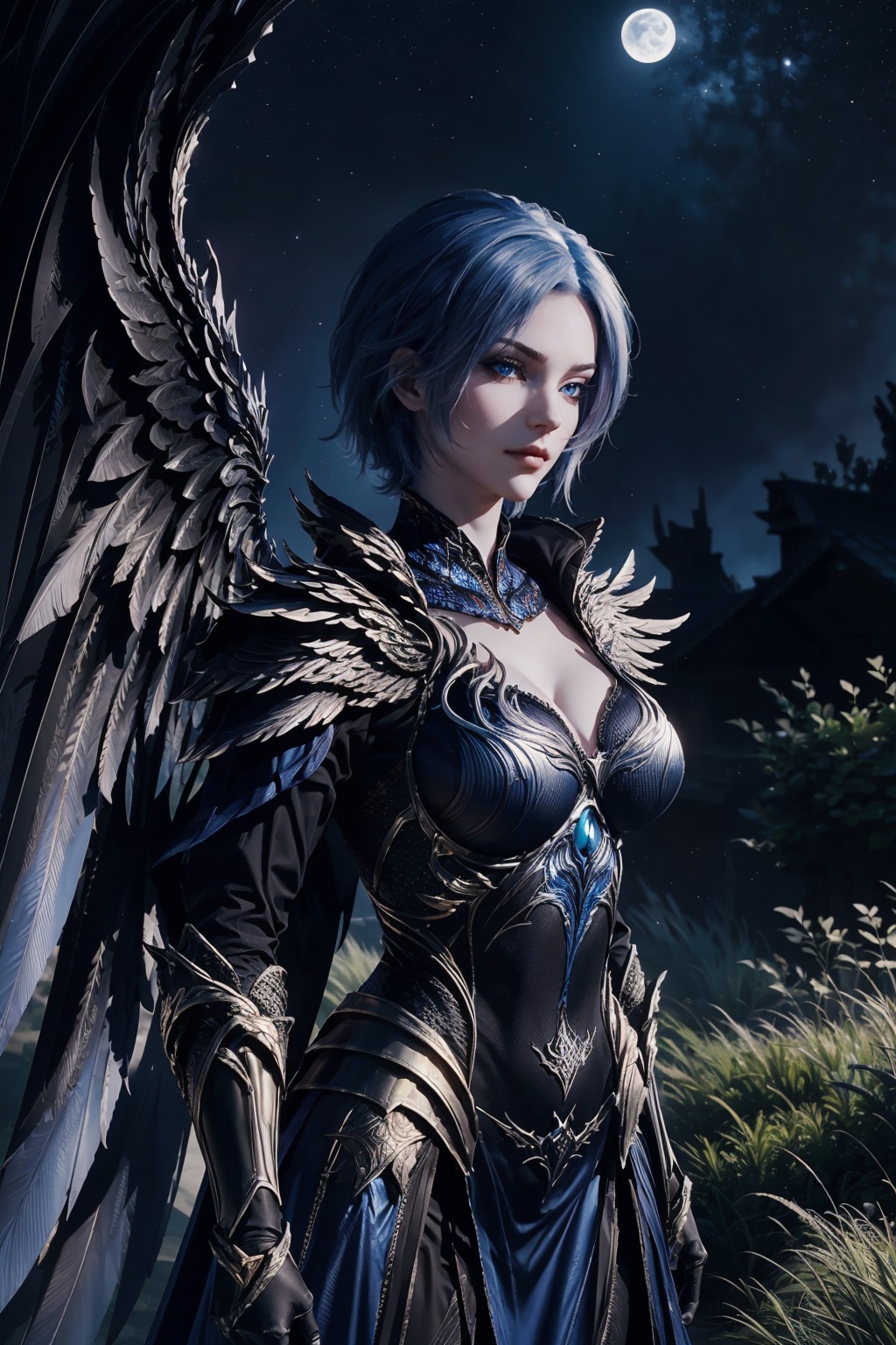 1girl,solo,jewelry,cleavage cutout,detached collar,dress,armor,dark phoenix wings,looking at viewer,outdoors,(night sky),dark magic,(((dark fire))),nature,grasslands,upper body,depth of field,Highly detailed,(best quality:1.5,masterpiece:1.5),<lora:20250110-1736495644652-000010:0.8>,fl,