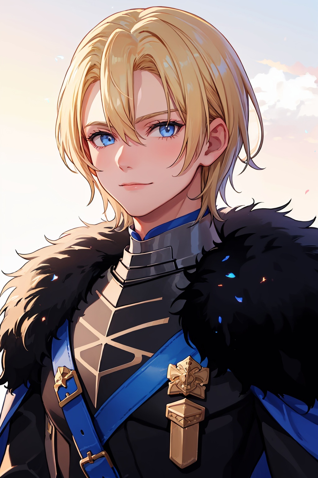 masterpiece,best quality, highly detailed, 1boy,armor,dimitri alexandre blaiddyd,fur trim,male focus,solo,cape,upper body,looking at viewer,simple background,artist name,closed mouth,<lora:dimitri_alexandre_blaiddyd:1>