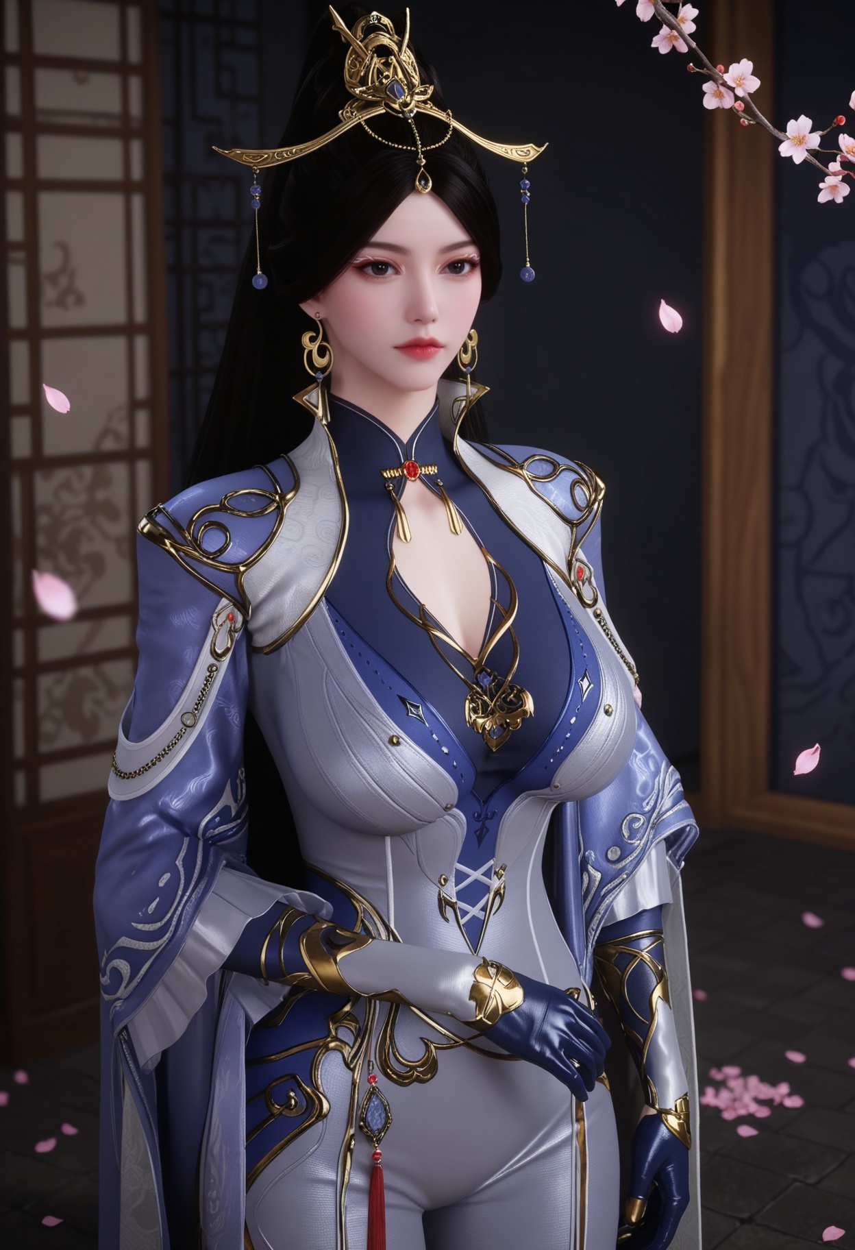 (full_body:1.2),(gigantic breasts:0.6),Perky boobs,(looking at viewer:1.1),facing viewer,direct gaze,(masterpiece:1.1),(best quality:1.2),(intricate details),(smog:1.3),(Dark room:1.3),(dim lighting:1.3),peach blossom,falling petals,<lora:YQ_Illustrious光辉v5_秋清儿_V1:0.8>,1girl,q1528437228,solo,black hair,jewelry,earrings,long hair,hair ornament,ponytail,dress,gloves,chinese clothes,bodysuit,black eyes,cape,high heels,pantyhose,masterpiece,(best quality),(intricate details:0.9) BREAK (intricate details:0.9),(realistic skin:1.2),masterpiece,best quality,newest,absurdres,hiahres,