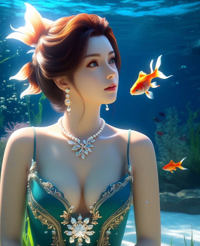 <lora:592-DA-XL-星辰变-姜立:0.8>(,1girl, ,best quality, ),looking at viewer,masterpiece, ((((, solo,  goldfish, ,solo focus, ,underwater, )))) ,ultra realistic 8k cg,   clean, masterpiece,     cinematic lighting, cinematic bloom,  (( , )),, , unreal, science fiction, luxury, jewelry, diamond, gold, pearl, gem, sapphire, ruby, emerald, intricate detail, delicate pattern, charming, alluring, seductive, erotic, enchanting, hair ornament, necklace, earrings, bracelet, armlet,,(cleavage),