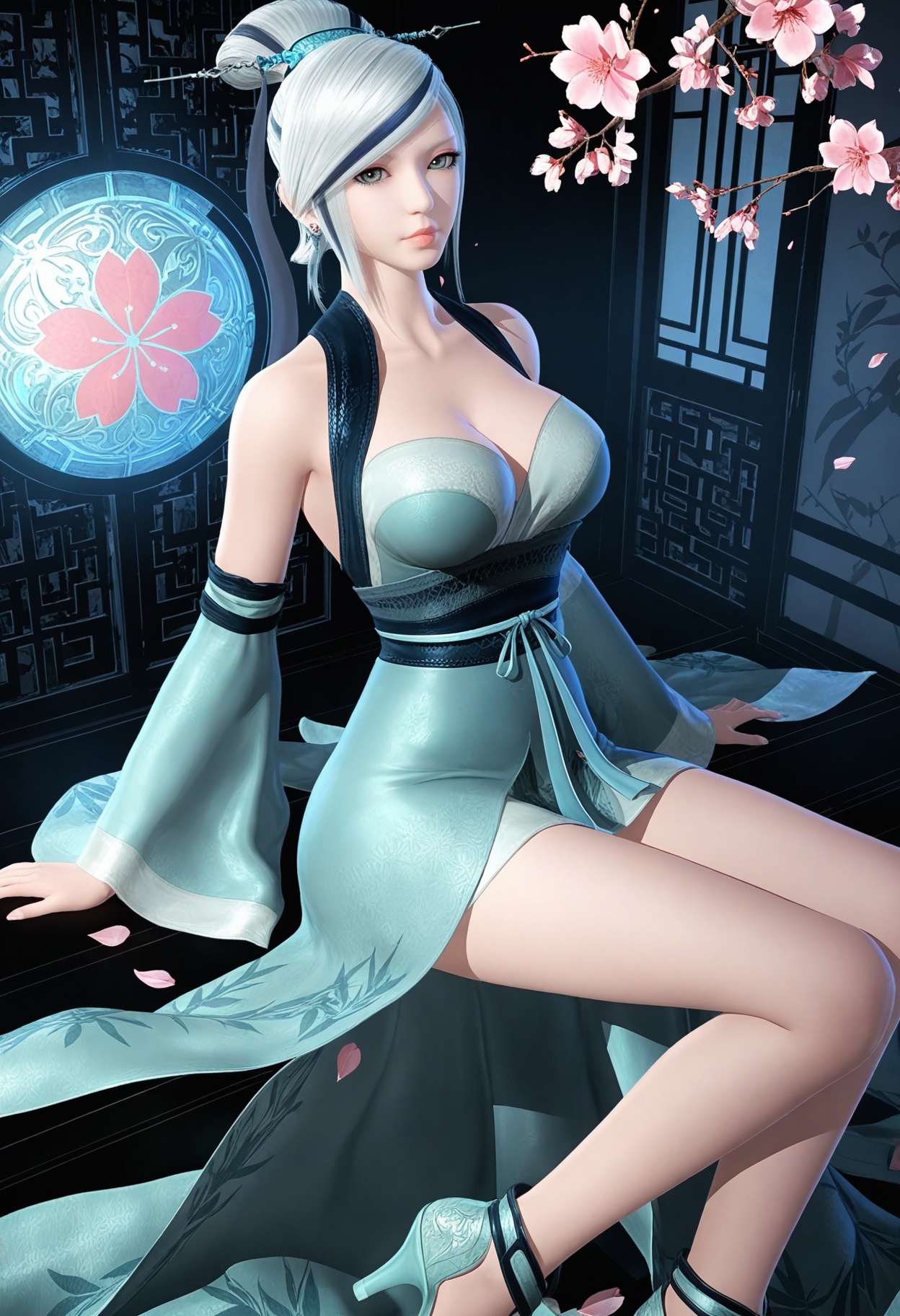 (looking at viewer:1.1),(Dark room:1.3),(moody lighting:1.1),peach blossom,falling petals,(large breasts:0.8),xiaomeng,1girl,solo,white hair,hair ornament,bare shoulders,grey eyes,lips,single hair bun,dress,earrings,cleavage,jewelry,detached sleeves,streaked hair,hair stick,makeup,wide sleeves,high_heels BREAK masterpiece,(best quality),(intricate details:0.9),(realistic skin:1.2),<lora:QQSillxiaomengV1:0.8>,