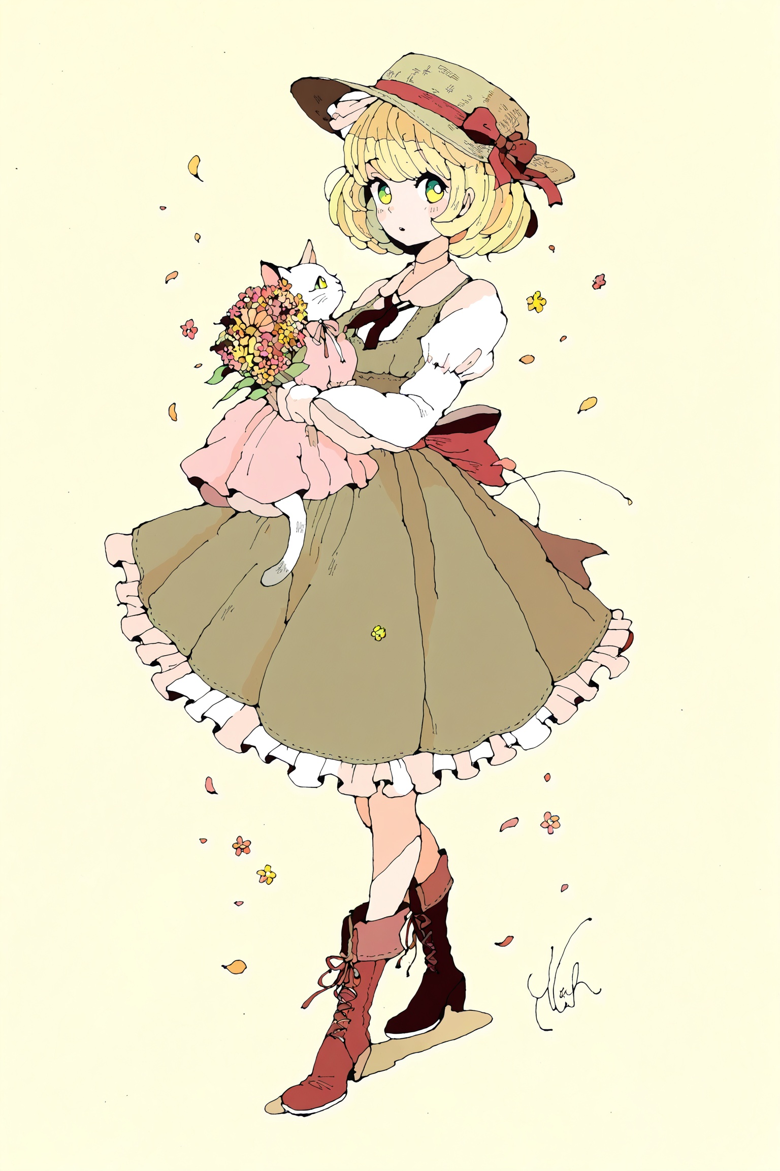 masterpiece,best quality,good quality,<lora:jijia-gnoobv-Tanger-000010:0.7>,jijia,2d,anime,artist:hey,1girl,flower,solo,short hair,hat,blonde hair,cat,dress,yellow eyes,bow,boots,ribbon,green eyes,signature,