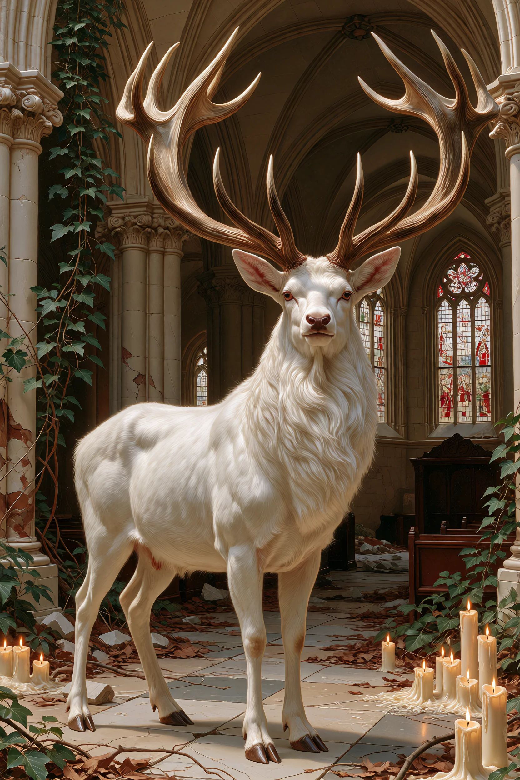 sacredmenag,  a magnificent white stag standing inside an abandoned cathedral,  enormous branching antlers on Tensor.Art