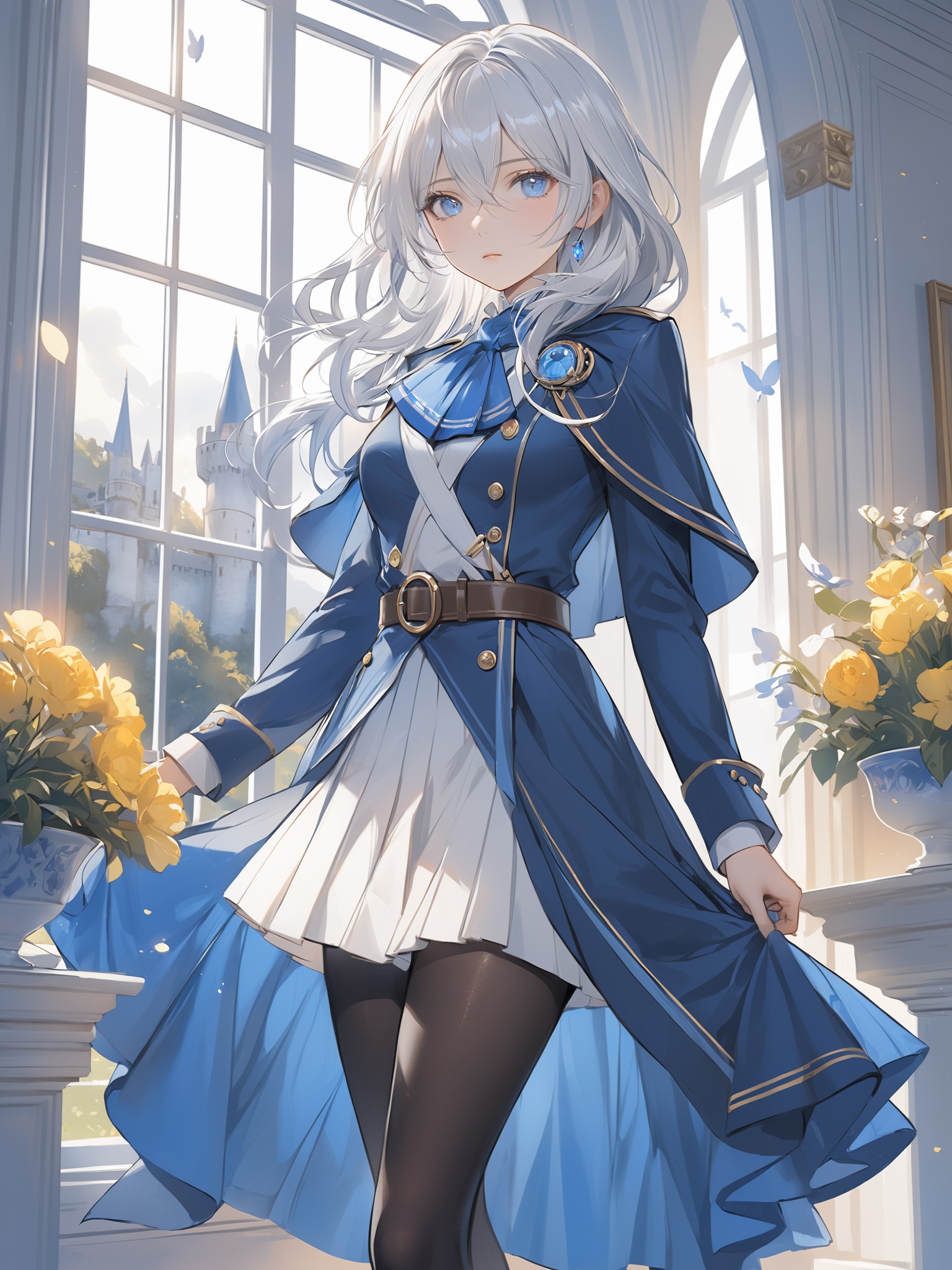 white background,line art,line style,french window,indoors,garden,castle,1girl,solo,blue eyes,white hair,long hair,hair between eyes,medium breasts,uniform,blue coat,cloak,ascot,blue jacket,long sleeves,belt,pleated skirt,black pantyhose,boots,expressionless,half-closed eyes,looking at viewer,masterpiece,bestquality,onnk,