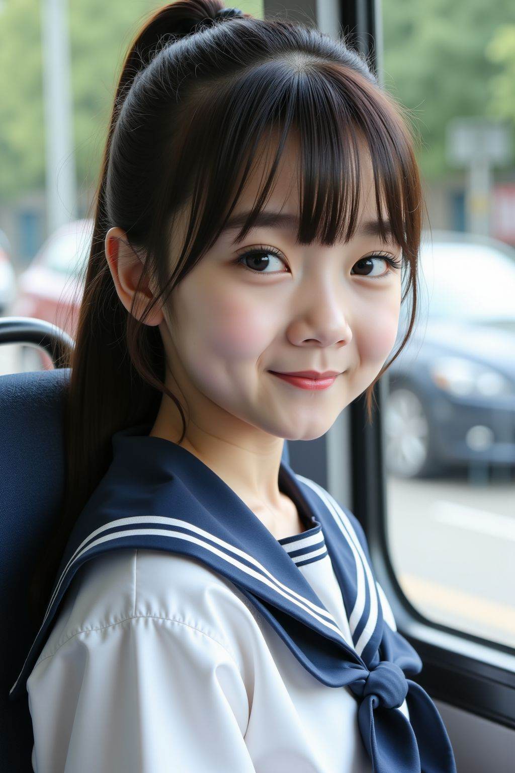 This is a photograph of a young girl with fair skin, sitting in a bus. She has long, dark hair tied in a ponytail with bangs framing her face. She is wearing a white sailor-style school uniform with navy blue accents. Her expression is soft, with a slight smile and light red lipstick. The background shows a blurred city street with parked cars and greenery outside the window. The lighting is natural, highlighting her youthful features.
