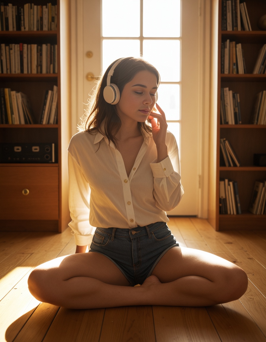 A young ***** European woman with soft luminous skin sits on a sun-warmed wooden floor in a cozy lived-in room,  wearing a...