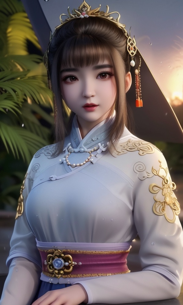 (,1girl, ,best quality, ),looking at viewer, <lora:389-DA-永生-虚月儿:0.8> ,,ultra detailed 8k cg, ultra detailed background ,ultra realistic 8k cg, flawless,  tamari \(flawless\), professional artwork, famous artwork, cinematic lighting, cinematic bloom, (( , )),, dreamlike, unreal, science fiction,  luxury, jewelry, diamond, pearl, gem, sapphire, ruby, emerald, intricate detail, delicate pattern, charming, alluring, seductive, erotic, enchanting, hair ornament, necklace, earrings, bracelet, armlet,halo,masterpiece, (( , )),, realistic,science fiction,mole,   ,cherry blossoms,,(((Best quality, masterpiece, ultra high res, (photorealistic:1.4), raw photo, 1girl, ,rain, , sunlight, sunset, qianqiu wanxia,     )))  (()), (), 1girl, solo, , lips,chinese_clothes, ,  female child, 