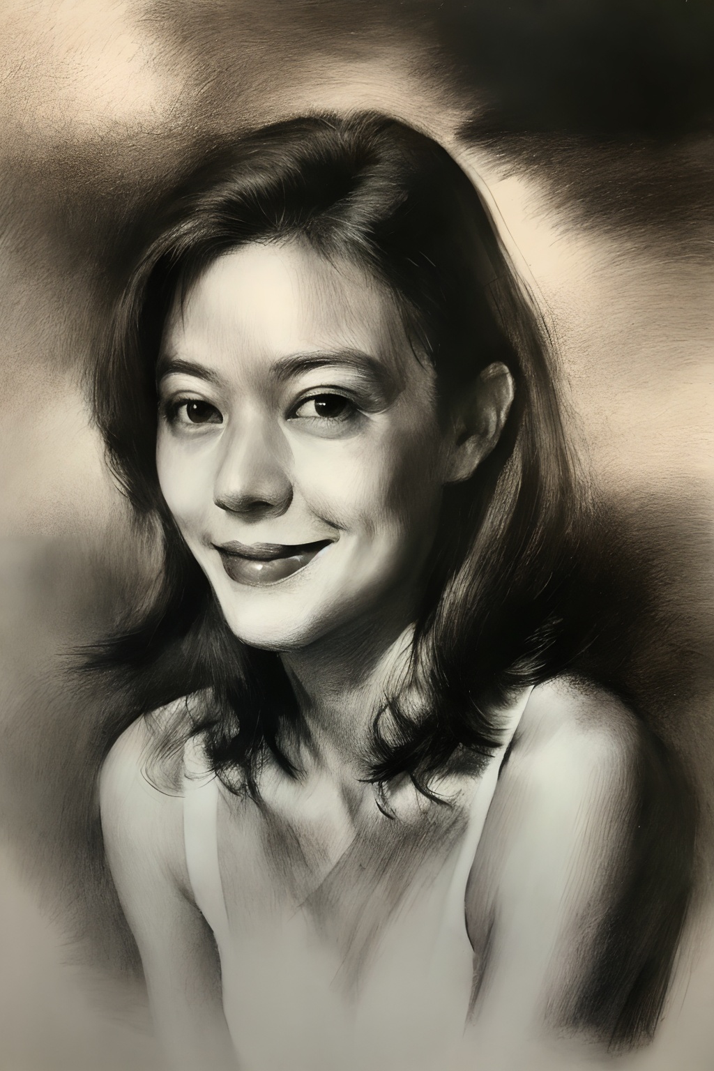 best quality, masterpiece, (realism: 1.3), 20 years old female, 1 girl, female focus, black hair, (natural skin texture, surreal, sharp), solo, (upper body: 1.2), smiling, bare shoulders , long hair, sketch, line, pencil drawing, traditional media, graphite (medium), simple background, White background, <lora:sketch-pencil:1>