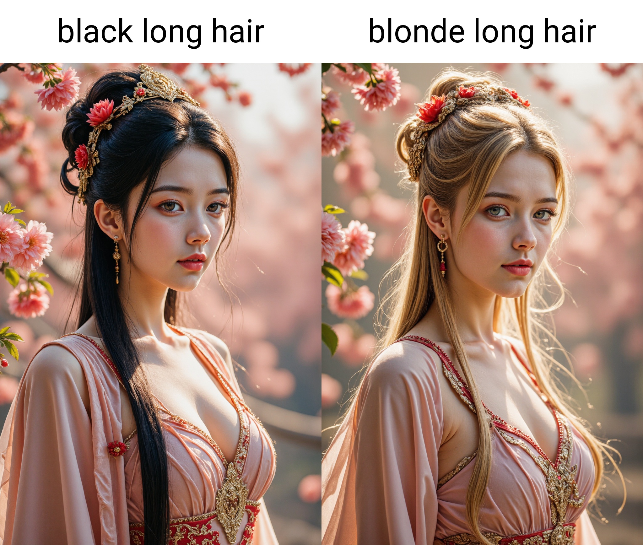 A highly detailed, digital painting depicts a stunning, ethereal woman with fair skin and delicate features whit black long hair. She wears an ornate silk dress with a flowing cape, Her hair is styled in an intricate updo adorned with red and gold accessories. The background is a scene of blooming flowers, and the sunlight is warm and soft.