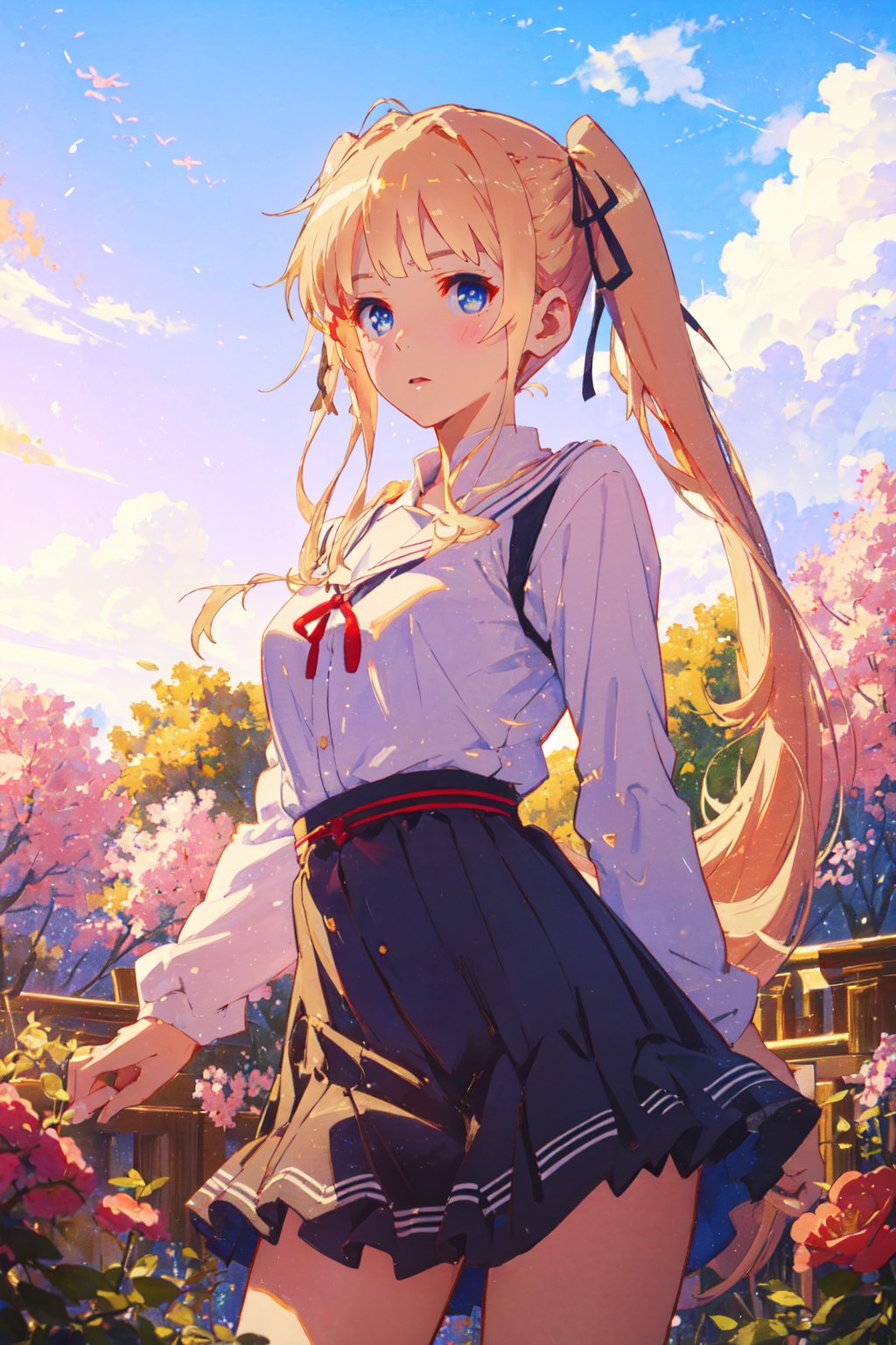 <lora:Eriri-000012:0.8>,eriri cyql,1girl,looking at viewer,solo,blonde hair,long hair,twintails,blue eyes,ribbon,hair ribbon,Striped maxi dress with a tiered skirt,Dopey, Wide-eyed, slack-jawed, and with a goofy expression.,bust,beautiful face,beautiful eyes,glossy skin,shiny skin,Rose bushes, Spring blooms, Garden sanctuary, Fragrant air, English countryside, Springtime charm,beautiful detailed sky,beautiful detailed glow,posing in front of a colorful and dynamic background,masterpiece,best quality,beautiful and aesthetic,contrapposto,female focus,wallpaper,fashion,