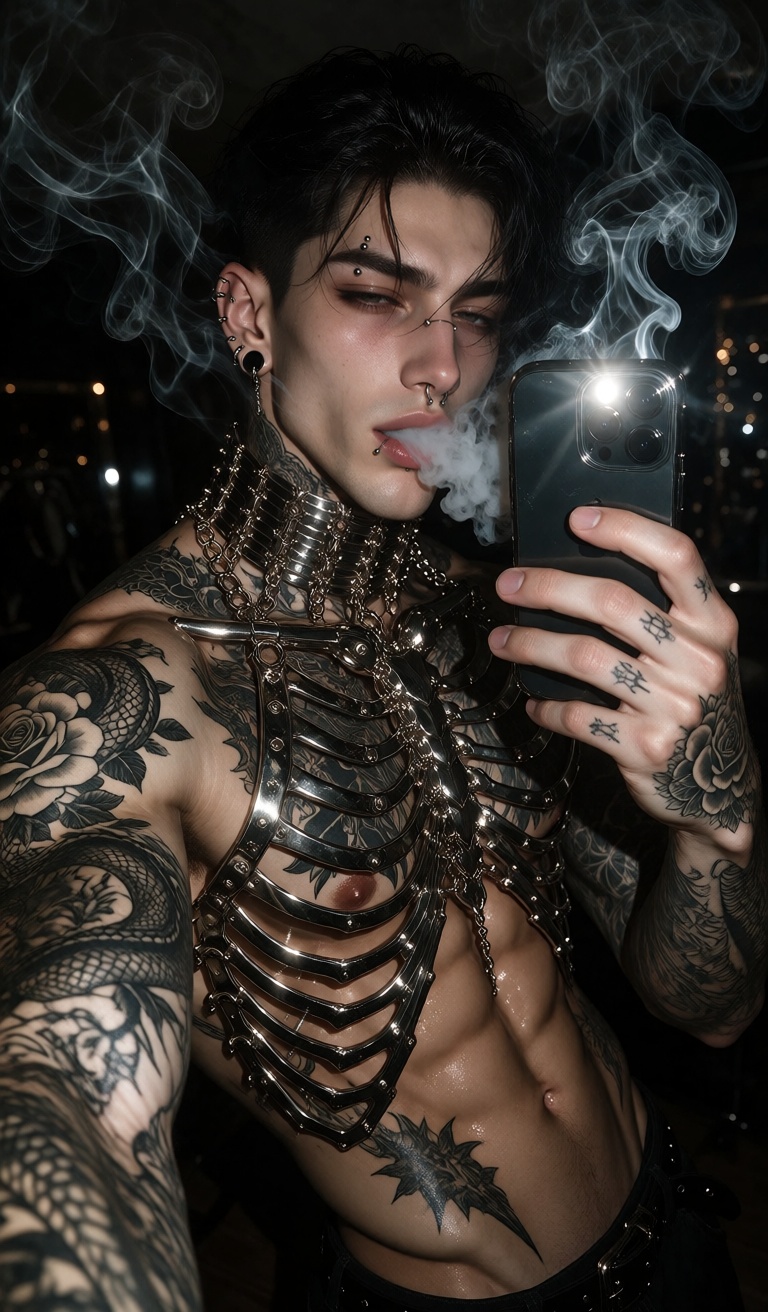 A shirtless man with dark,  slicked-back hair and multiple facial piercings—including a septum ring,  eyebrow piercing on...