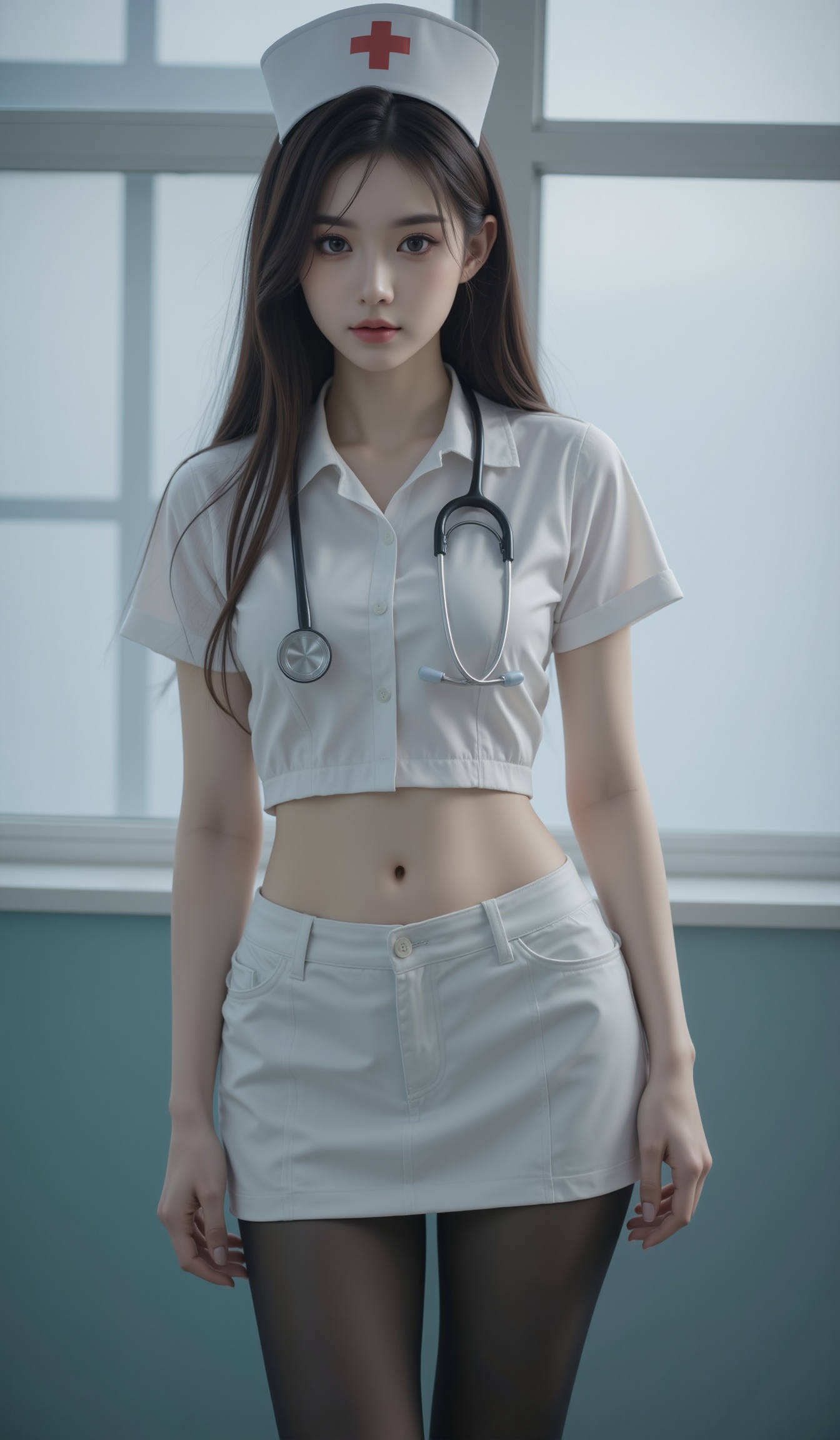 1 girl, alone, nurse's cap, midriff, black pantyhose, stethoscope, nurse, skirt, long hair, white pencil skirt, brown hair, realistic.Waist pantyhose,upper_body,window<lora:FLUX-极品超模V3:1.2>