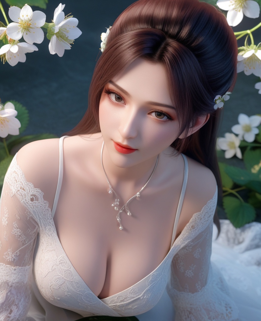 <lora:577-DA-XL-斗破苍穹-云韵-黑服:0.8>(,1girl, ,best quality, ),looking at viewer,masterpiece, (( , )),ultra realistic 8k cg, ,    ,cleavage,strawberry blossoms,lace , (cleavage), (),