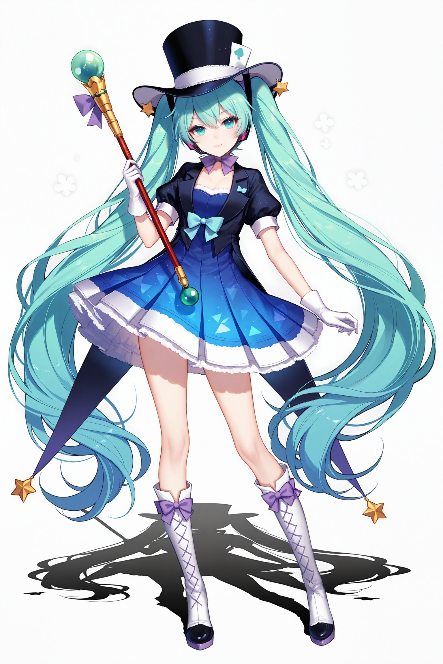 masterpiece,best quality,newest,absurdres,highres,soft shadows,photorealistic,(bison cangshu:0.5),(fuzichoco:0.6),(rimuu:0.5),(mignon:0.5),(sheya:0.6),full body,standing,legs apart,<lora:MMM2013XLNAI:1>,magical mirai miku \(2013\),top hat,gloves,puffy sleeve,black shirt,blue dress,white knee boots,