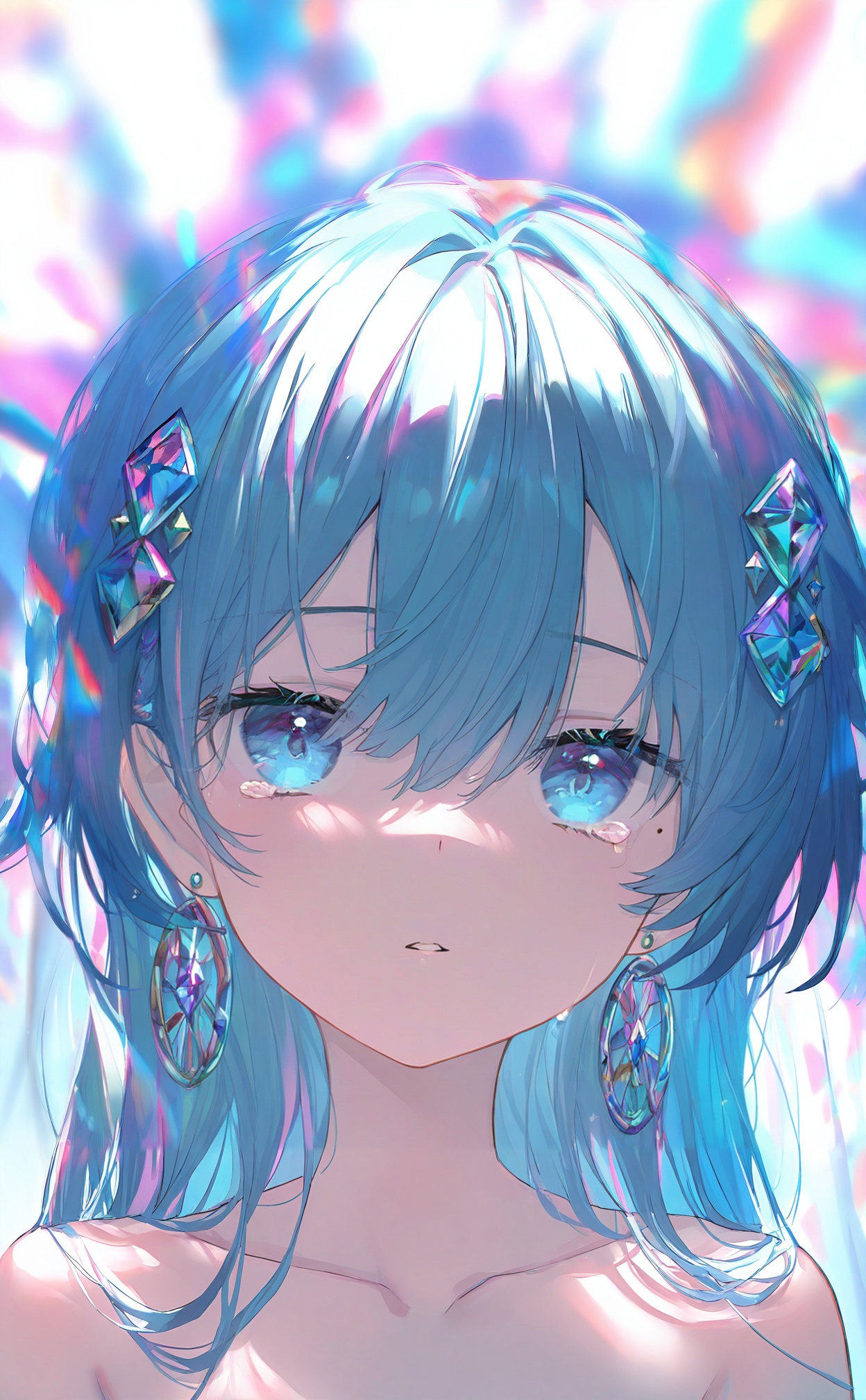 masterpiece,highres,absurdres,newest,best quality,high quality,loli,petite,chromatic_aberration,//,,illustration,ultra detailed,hdr,Depth of field,(colorful),loli,1girl,solo,long hair,hair ornament,collarbone,looking at viewer,blue eyes,jewelry,parted lips,hair between eyes,earrings,bare shoulders,portrait,mole under eye,blue hair,mole,tears,//,<lora:konya_karasue2——【noob】hans:0.8>,