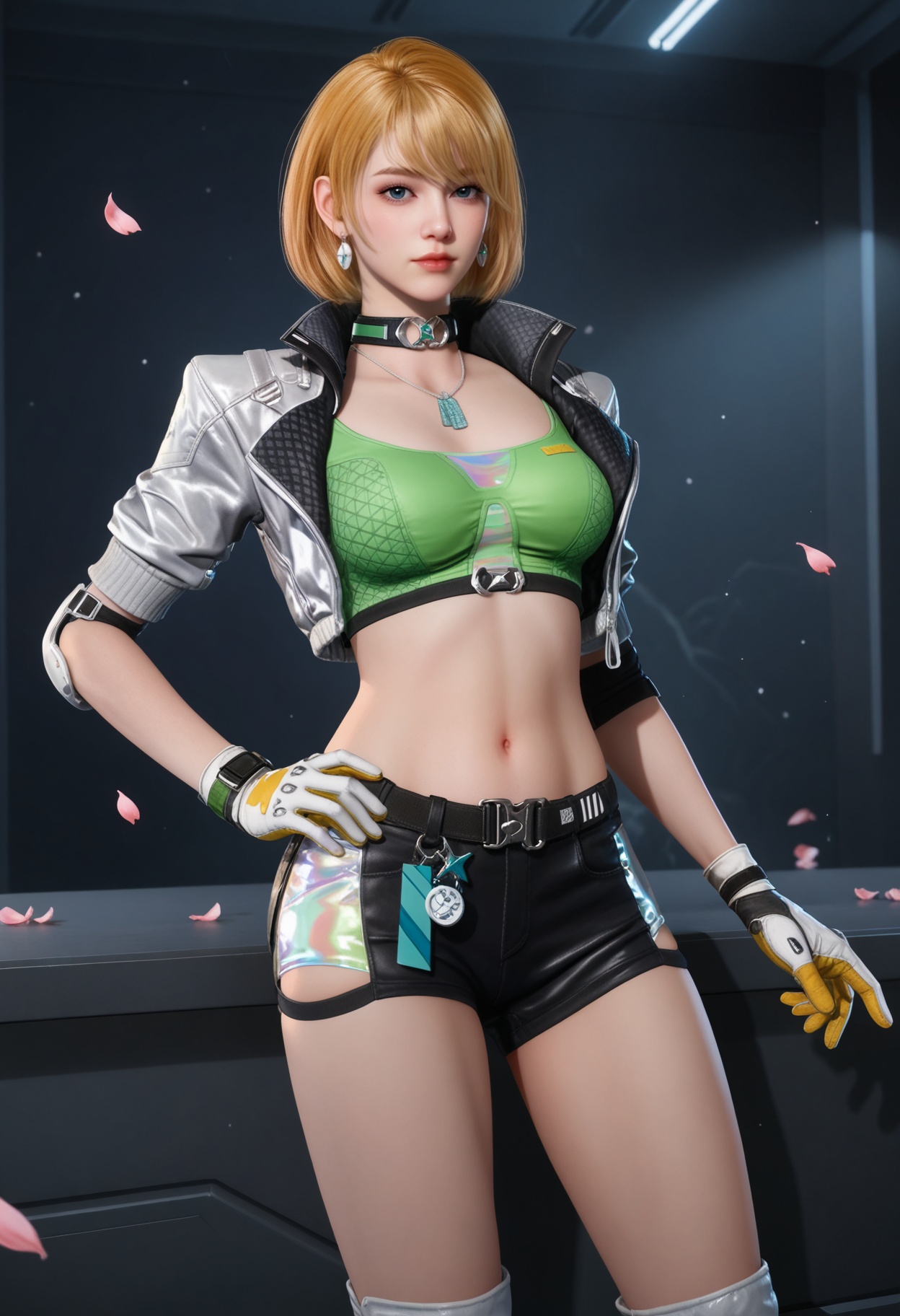 (full_body:1.1),looking at viewer:1.1,masterpiece,(best quality),smog,Dark room,dim lighting,peach blossom,falling petals,<lora:YQ_Illustrious光辉v5_茉莉_V1:0.8>,q1528437228,1girl,blonde hair,jacket,short hair,solo,gloves,jewelry,cropped jacket,crop top,earrings,choker,shorts,short shorts,open jacket,black shorts,boots,dog tags,knee pads,blue eyes,necklace,white gloves,belt,