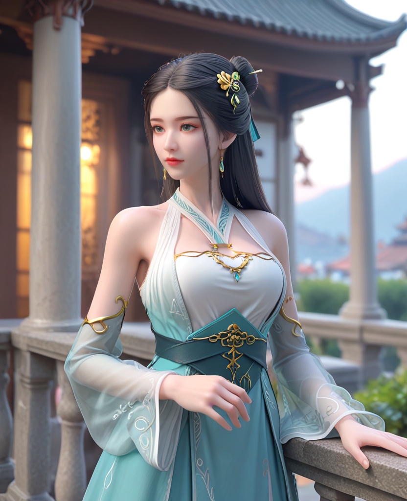 (oriental architecture, elegant decor, sophisticated style:1.1),(Standing near a railing or fence, holding it with both hands, gazing ahead,:1.1),(breasts:1.2),<lora:XL雪鹰领主卓依:0.8>,miss zhuoyi,blue gradient white dress,white corset,black hair,long hair,detached sleeves,hair ornament,jewelry,hair bun,see-through sleeves,green eyes,black belt,red eyelashes,, score_9,score_8_up,score_7_up,score_6_up,score_5_up,score_4_up,3d rendering,tag1,tag2, Cinematic Lighting,backlighting,