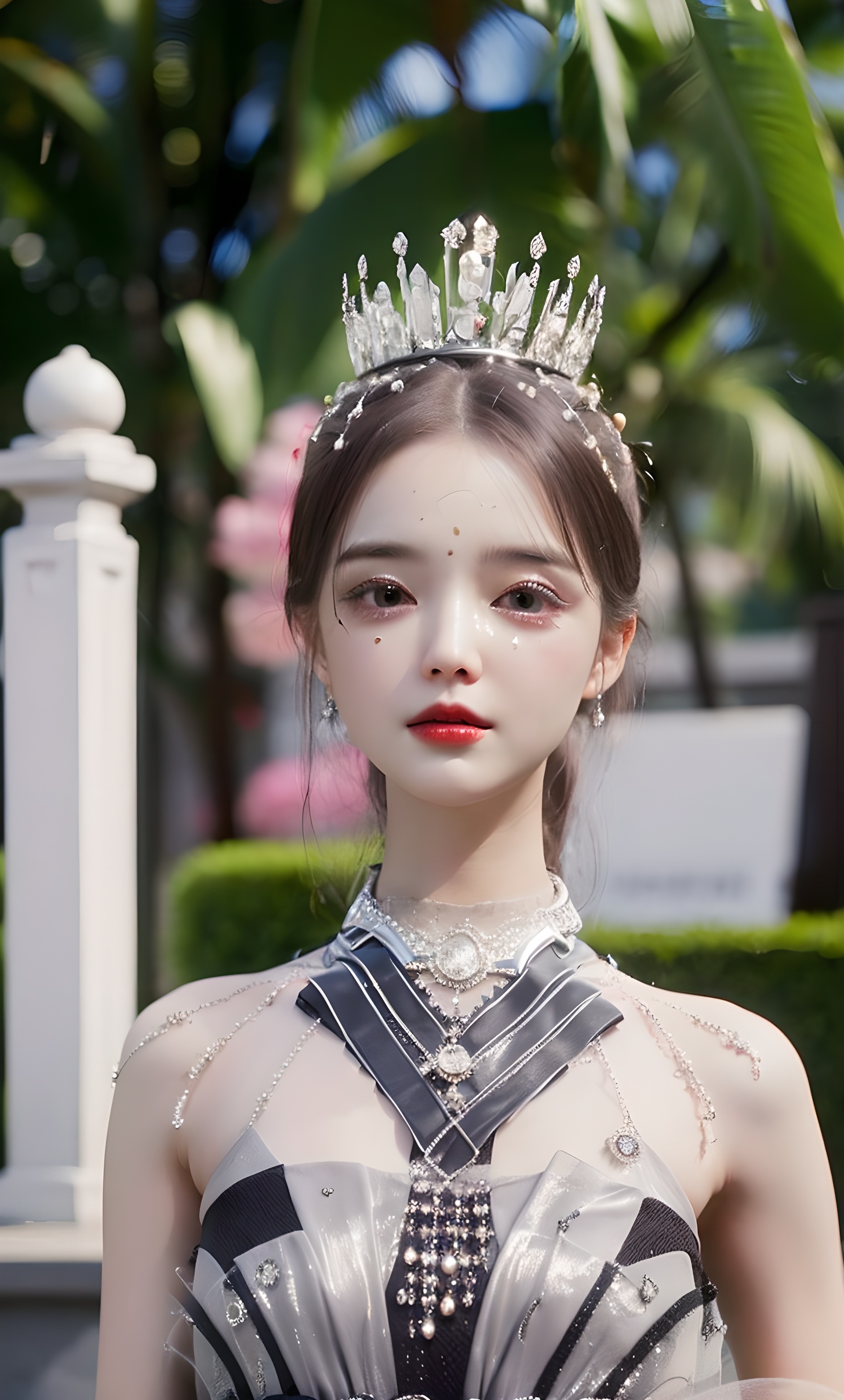 Realistic,Masterpiece,18 - year - old beautiful girl and monster,pearl - like eyes,extremely delicate facial depiction,heavy rain,crazy body movements,exaggerated perspective,poster,androgyny,fashion,dramatic lighting,strong tones,distortion style,32k UHD,chinese girls,(full_body:1.1),phone_screen,hanfu,<lora:以闪亮之名:0.7>,