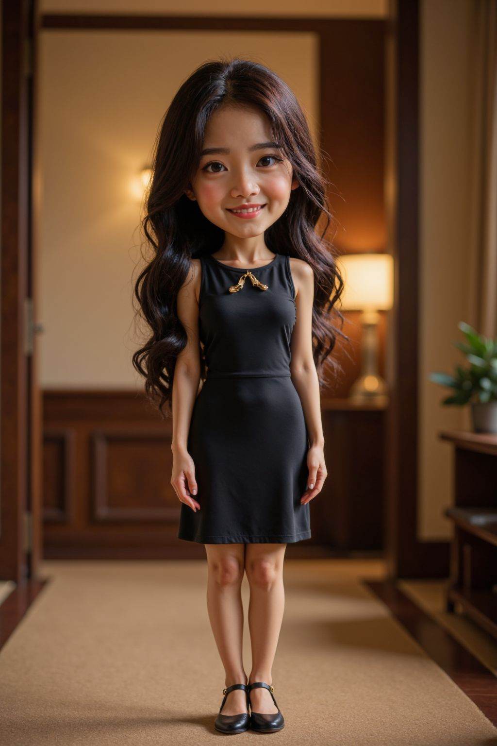 <lora:20250503_AgainCharactersF1Lora_10:0.5>, HDR photo of cinematic film still the image is a high-resolution photograph featuring a woman,solo,looking at viewer,smile,black long hair,standing,full body,dress,footwear,indoors,realistic,chibi, . shallow depth of field, vignette, highly detailed, high budget, bokeh, cinemascope, moody, epic, gorgeous, film grain, grainy . High dynamic range, vivid, rich details, clear shadows and highlights, realistic, intense, enhanced contrast, highly detailed
