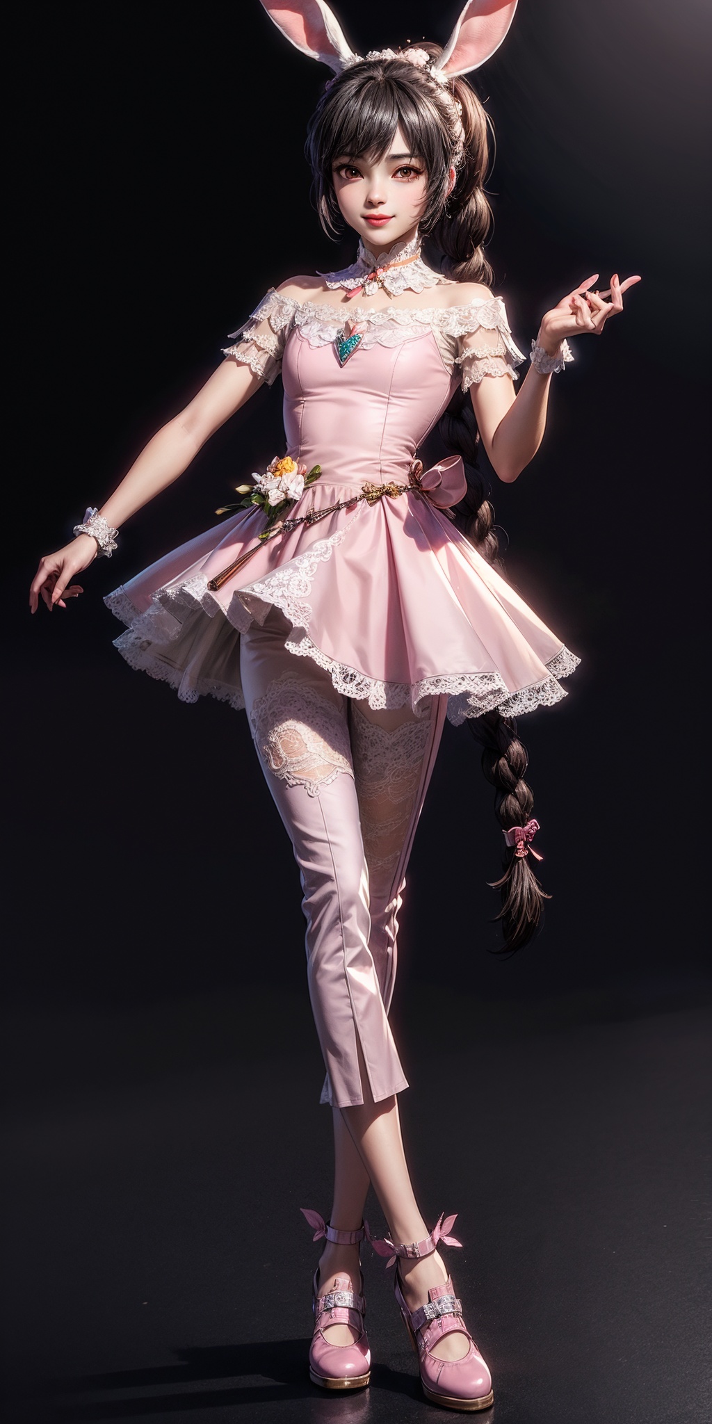 masterpiece,best quality,illustration,anime,simple gray background,full_body,(solo:1.2),stylish_pose,smile,xiaowu,1girl,long hair,braid,animal ears,rabbit ears,very long hair,brown hair,skirt,pink dress,pink cropped pants,black hair,brown eyes,brown shoes,ponytail,choker,lace,<lora:xiaowu_20240306204015:0.7>,<lora:add_detail:1>,