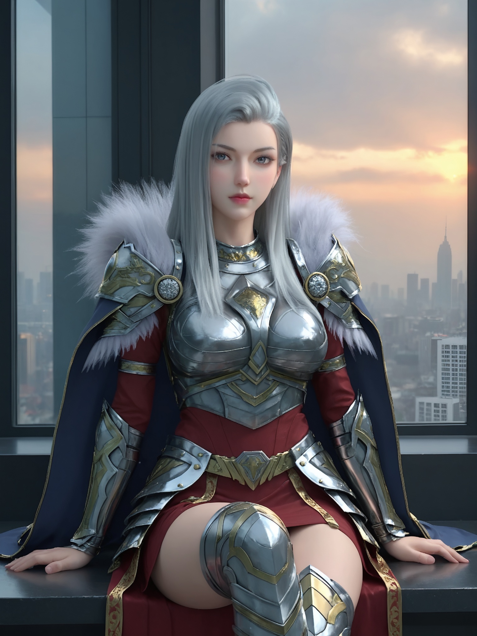 score_9_up,1girl,solo,sitting,window,frills,sky,cloud,indoors,cityscape,closed_mouth,sunset,looking at viewer, <lora:雄兵连-鹤熙Pony:0.6>,long,straight,silver hair,wears a complex,ornate suit of armor that features a mix of metallic and fabric elements.,a short,red skirt.A long,flowing cape,dark blue with gold trim,drapes over her shoulders,thigh-high boots,