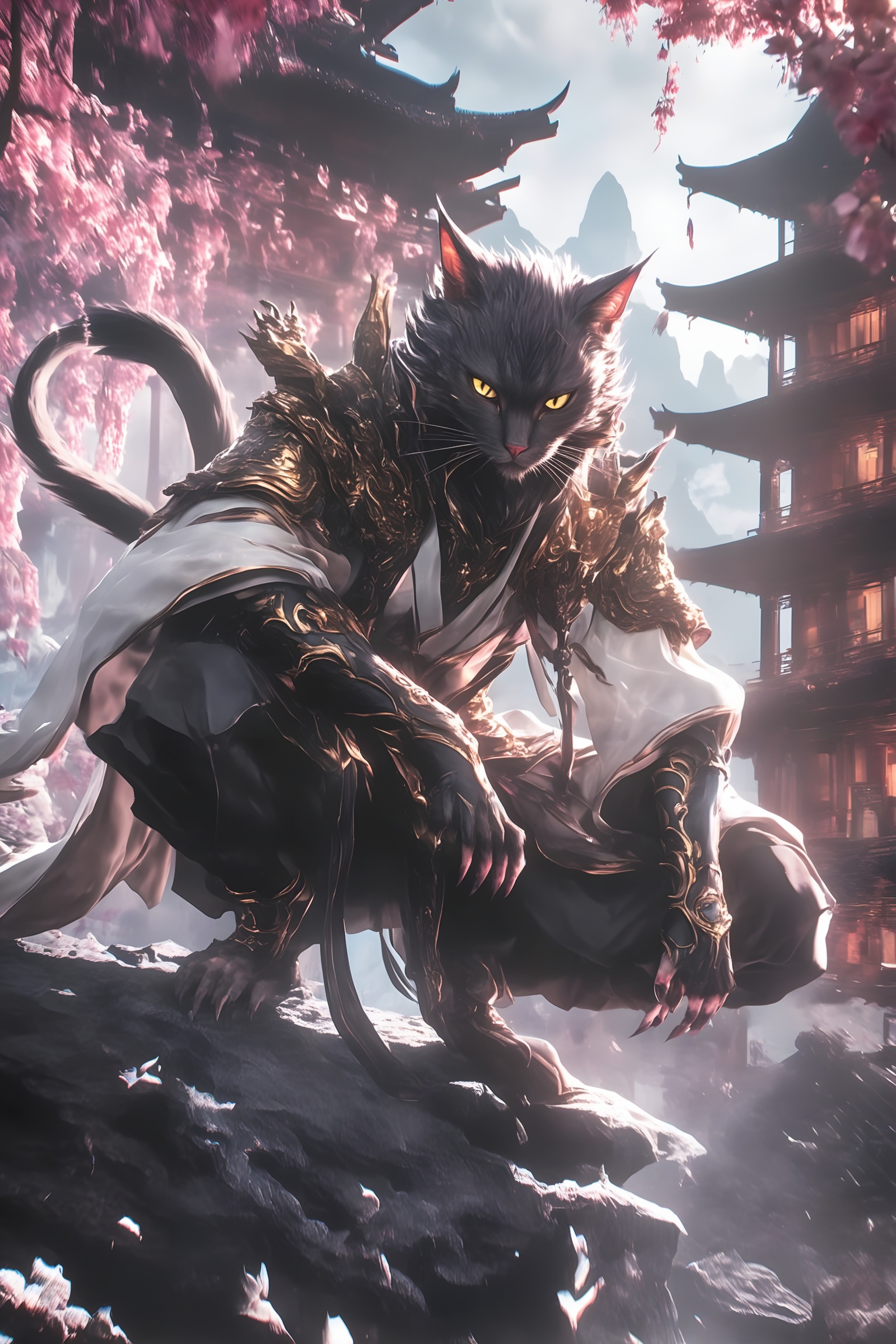 yaozu,The image depicts a fantastical scene featuring a large, anthropomorphic cat-like creature with glowing yellow eyes and sharp claws. The creature is adorned in ornate armor with intricate designs and a flowing white cape. It is crouched on a rocky surface, surrounded by a backdrop of traditional Asian architecture, including pagodas and wooden buildings. The setting is further enhanced by the presence of cherry blossoms in full bloom, adding a touch of pink to the scene. The atmosphere is mystical and serene, with a soft, ethereal light illuminating the surroundings.