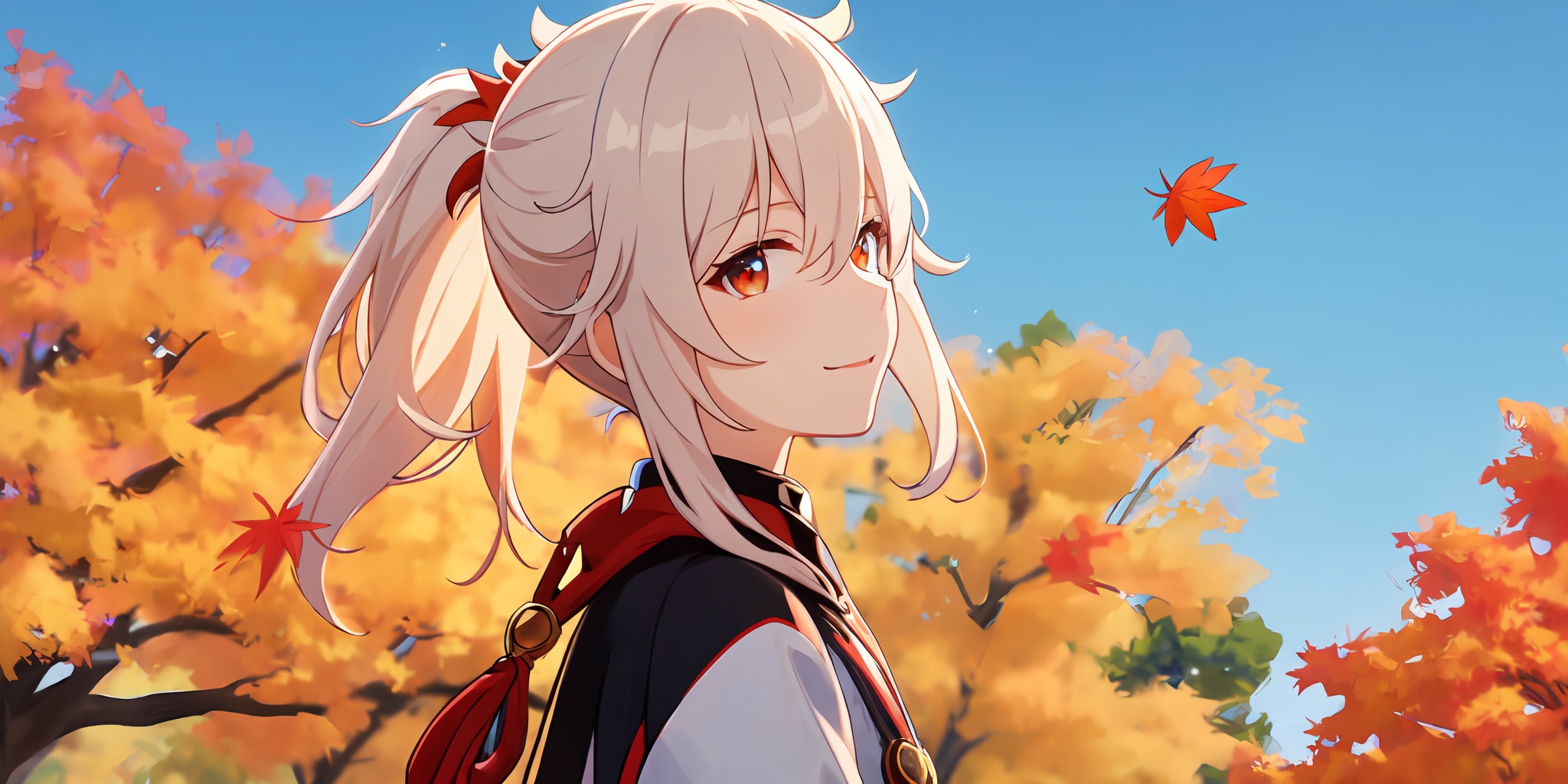 masterpiece,best quality,absurdres,mid_shot,solo,(from side, upper body:1.4),anime screencap,in autumn,sunset,outdoors,maple forest,maple leaves falling,kaedehara kazuha,1boy,male focus,solo,standing,back lighting,looking at viewer,red eyes,multicolored hair,white hair,bangs,streaked hair,red hair,short ponytail,perfect face,eyelashes,very beautiful eyes,stars in the eyes,light smile,hair between eyes,closed mouth,<lora:kazuha:0.7>,