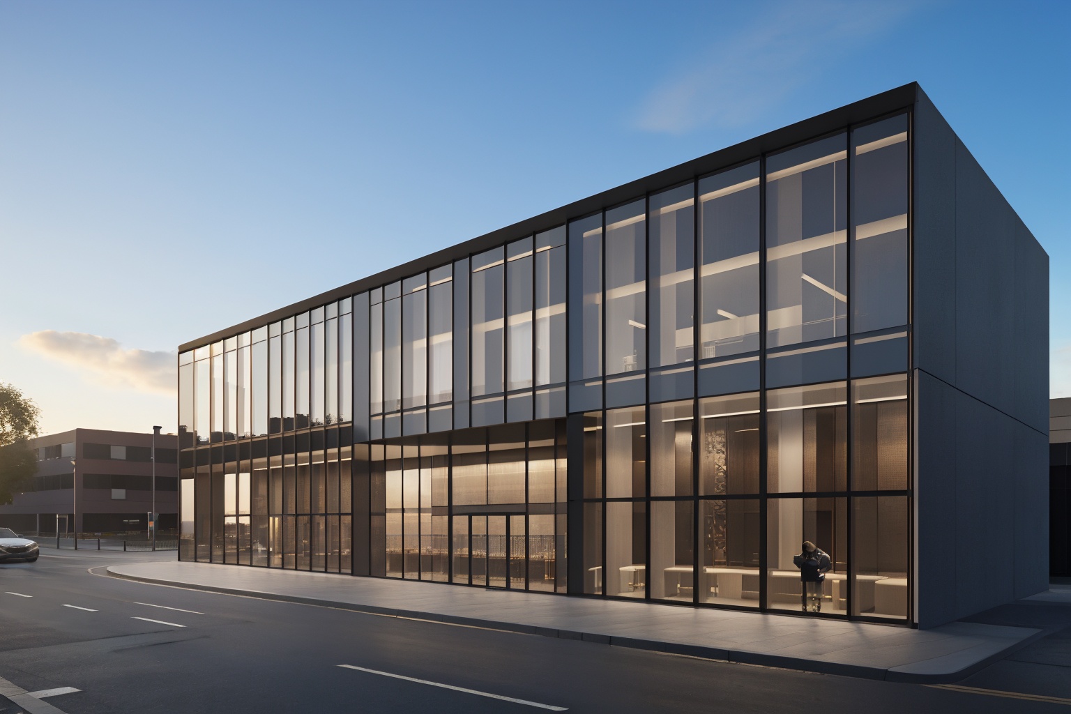 (best quality:1.4),(masterpiece:1.4),(photorealistic:1.4),(Realistic:1.2),(8K:1.2),outdoors,cloud,blue sky,school building,scenery,street,car,day,glass wall,soft lighting,high quality,