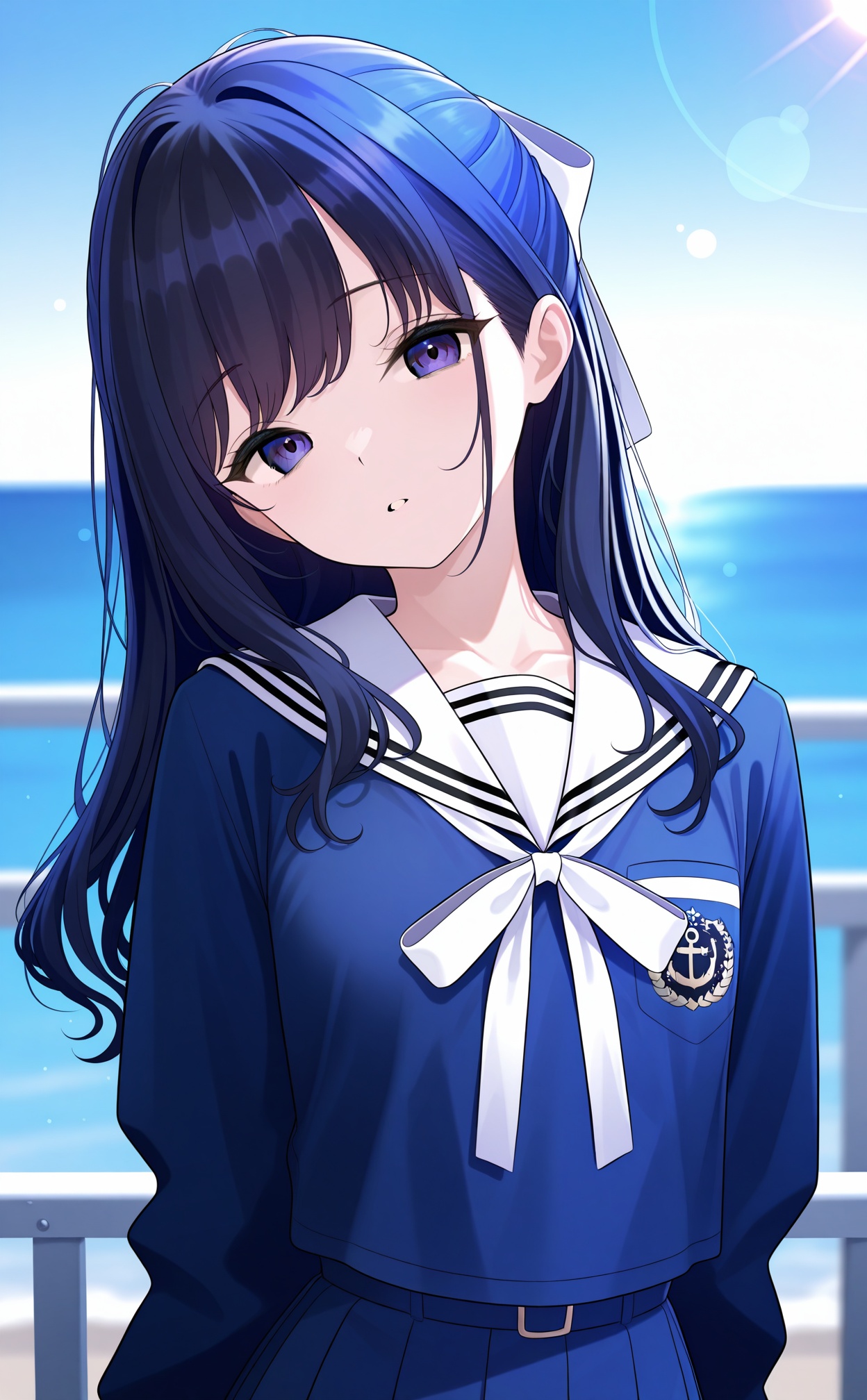 masterpiece,very aware,(highres),absurdres,newest,best quality,high quality,chromatic_aberration,White Theme,lightblue Theme,//,1girl, solo, looking_at_viewer, school_uniform, sailor_collar, head_tilt, kazano_hiori, upper_body, long_hair, blue_shirt, blurry, bow, blurry_background, white_ribbon, white_sailor_collar, collarbone, parted_lips, serafuku, purple_eyes, white_bow, shirt, ribbon, half_updo, railing, black_hair, ocean, outdoors, hair_bow, neck_ribbon, breast_pocket, long_sleeves, horizon, depth_of_field, pocket, blue_eyes, blue_hair, empty_eyes//,absurdres,newest,very aesthetic,amazing quality,highres,sensitive,ultra detailed,best anatomy,HDR,8K,high detail RAW color art,high contrast,illustration,depth of field,(colorful),phenomenal aesthetic,detailed light,blurred picture,Tyndall effect,contrast,lens flare,cinematic lighting,//,<lora:TuriSasu——【noob】hans:1>,