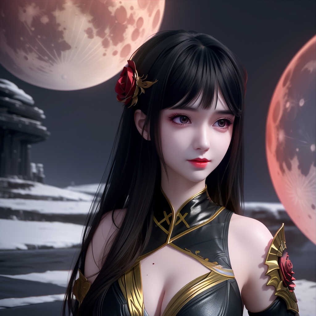 <lora:739-DA-斗破苍穹-慕青鸾:0.8>, (,1girl, ,best quality, ),looking at viewer,  ,,ultra detailed background,ultra detailed background,ultra realistic 8k cg,, ,masterpiece, (( , )),, ,science fiction,mole, ,    ,red moon, black rose,     (cleavage), (),