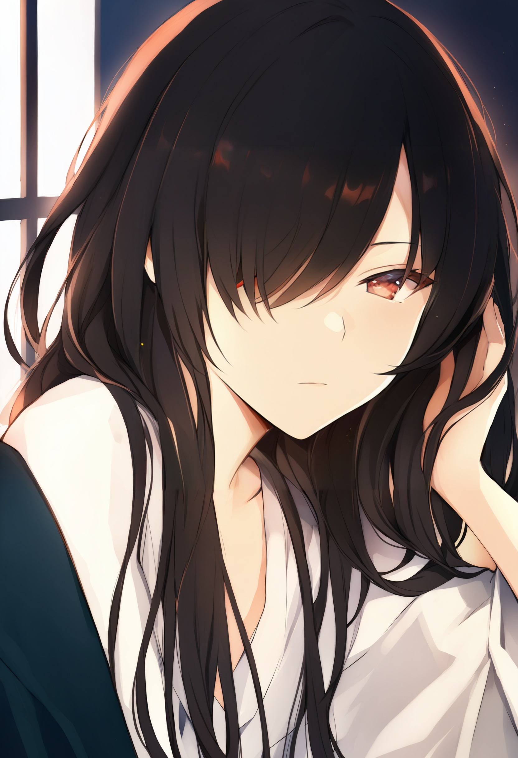 best quality, masterpiece,solo, red eyes, 1girl, bangs, black hair, upper body, looking at viewer, long hair, closed mouth, hair over one eye ,_背景<lora:lpmyaXLlokr4f-000143:1>