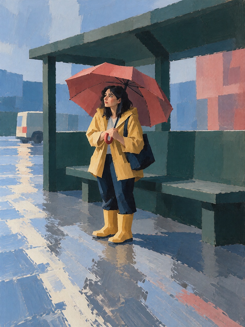 A woman in a yellow raincoat standing beneath a bus shelter after a summer storm,  holding a folded red umbrella. Reflecti...