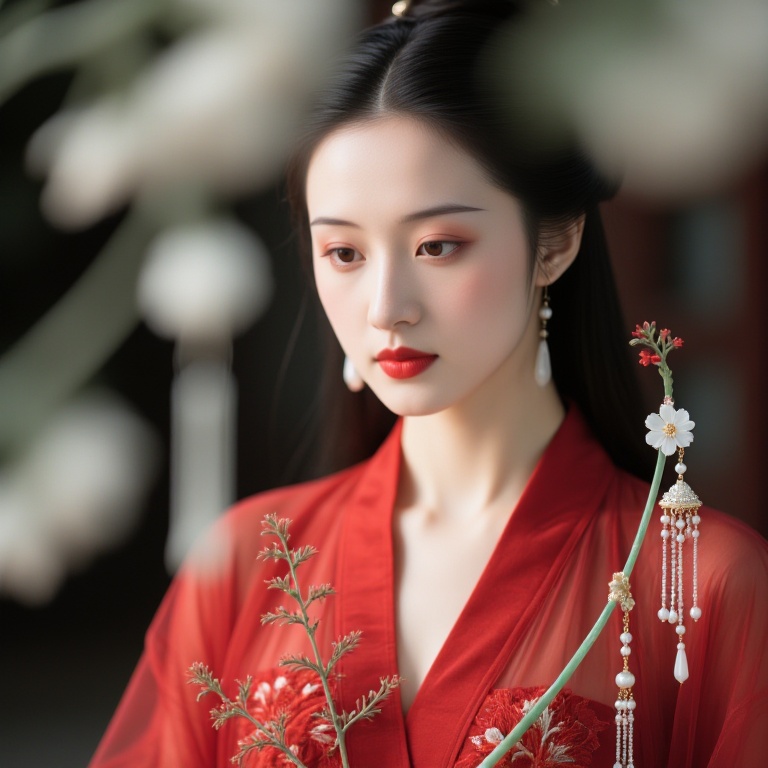 wm, A photograph of an Asian woman with fair skin and long, straight black hair. She wears a vibrant red traditional Chinese robe adorned with intricate floral embroidery. She holds a delicate, red and white floral branch with dangling white pearls. Her makeup is subtle, with red lipstick and soft eye shadow. The background is blurred, featuring soft green foliage.<lora:S-T-唯美古风_S1.5:1>