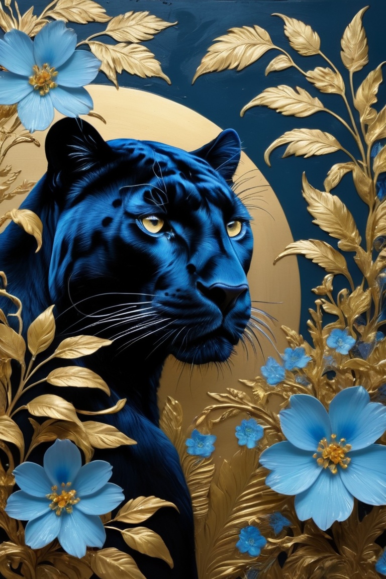 a panther surrounded by blue flowers and golden plants abstract art,  blue and golden crane,  in the style of light gold a...